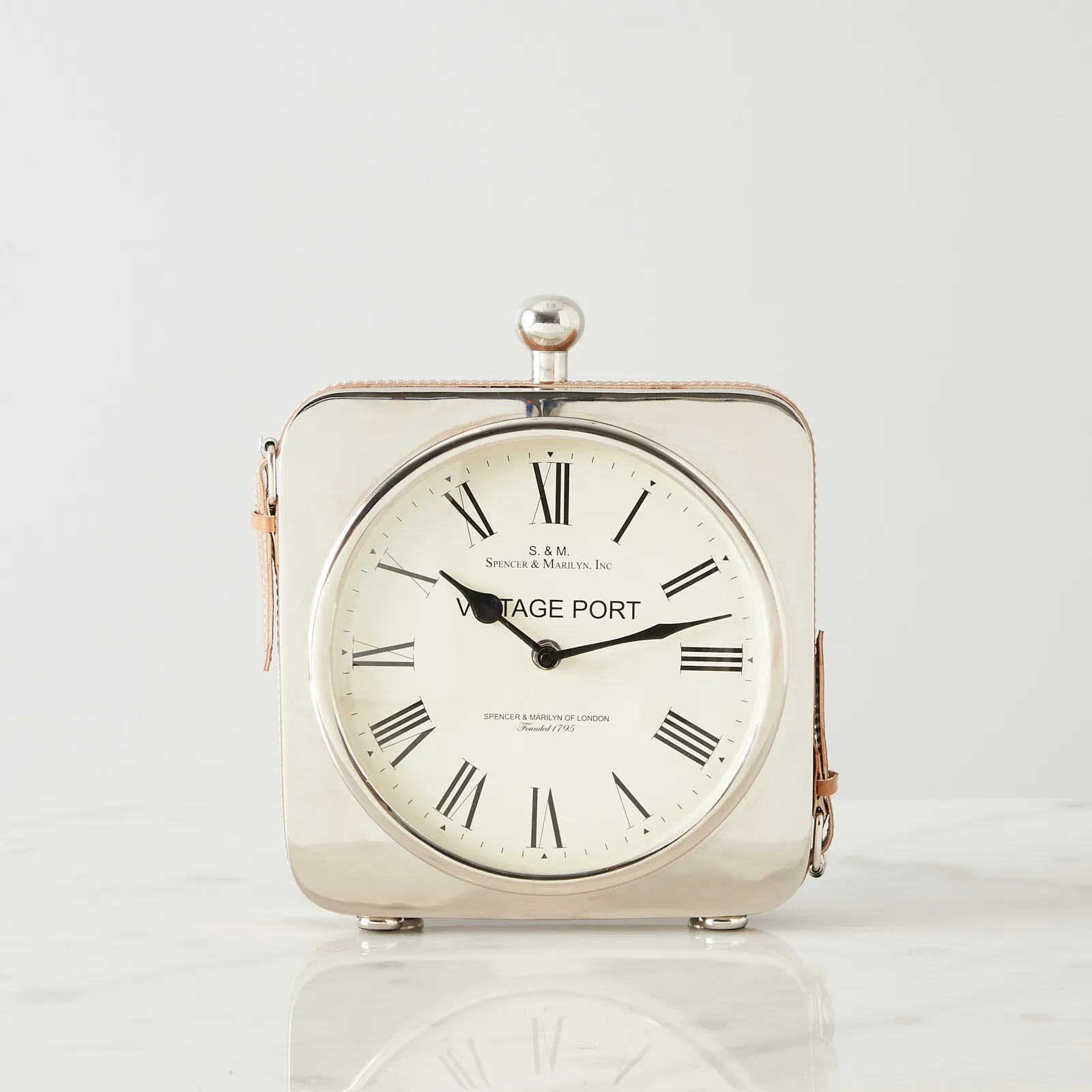 Tik Tok Silver Table Clock -Tan Leather Strap