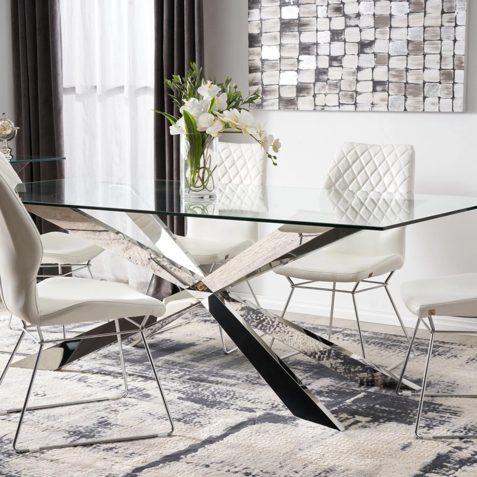 Lena Shiny Stainless Steel Dining Table - Glass Top 