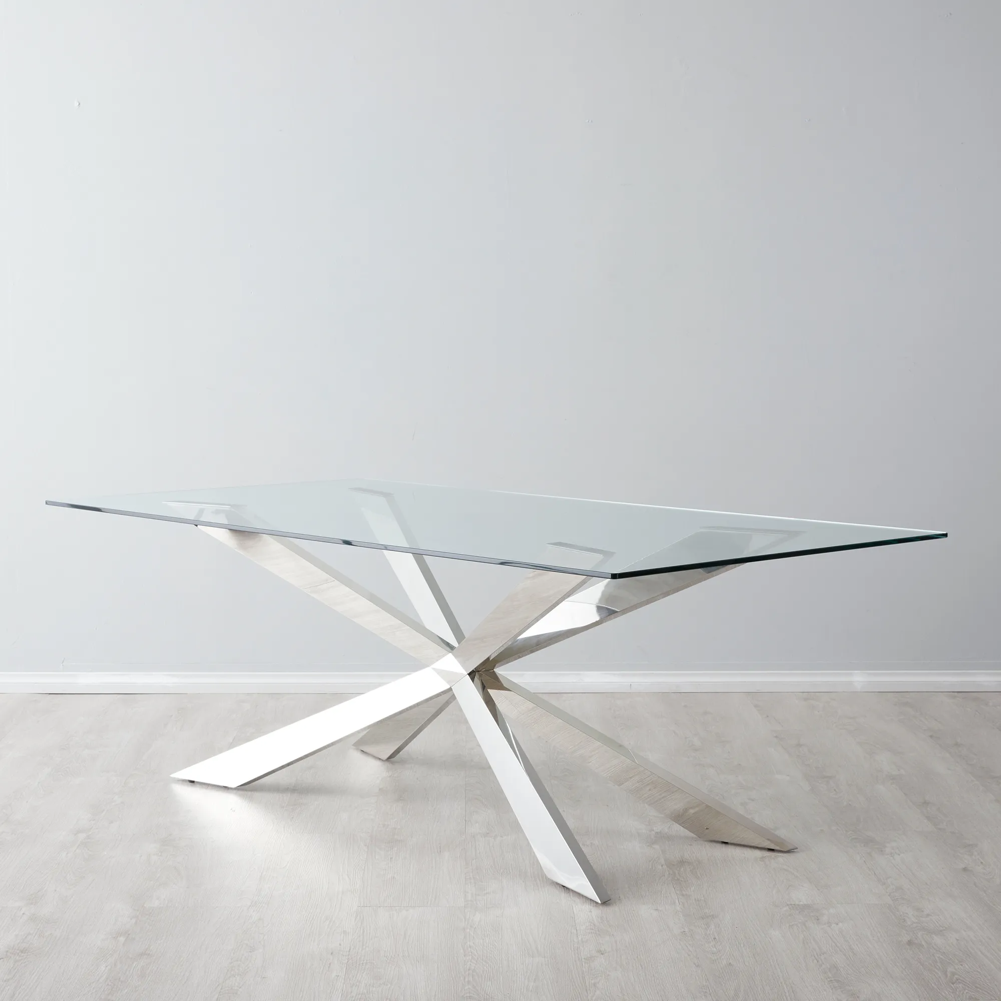 Lena Shiny Stainless Steel Dining Table - Glass Top 