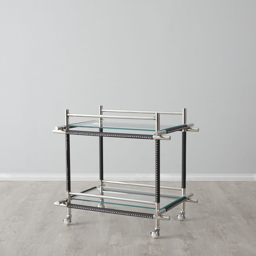 Benson Glass Buttlers Trolley - Black Vegan Leather Trim