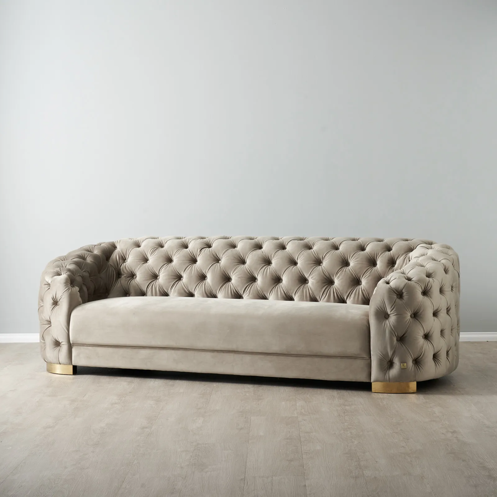 Kelly Beige Velvet 3-Seater Sofa - Gold Legs
