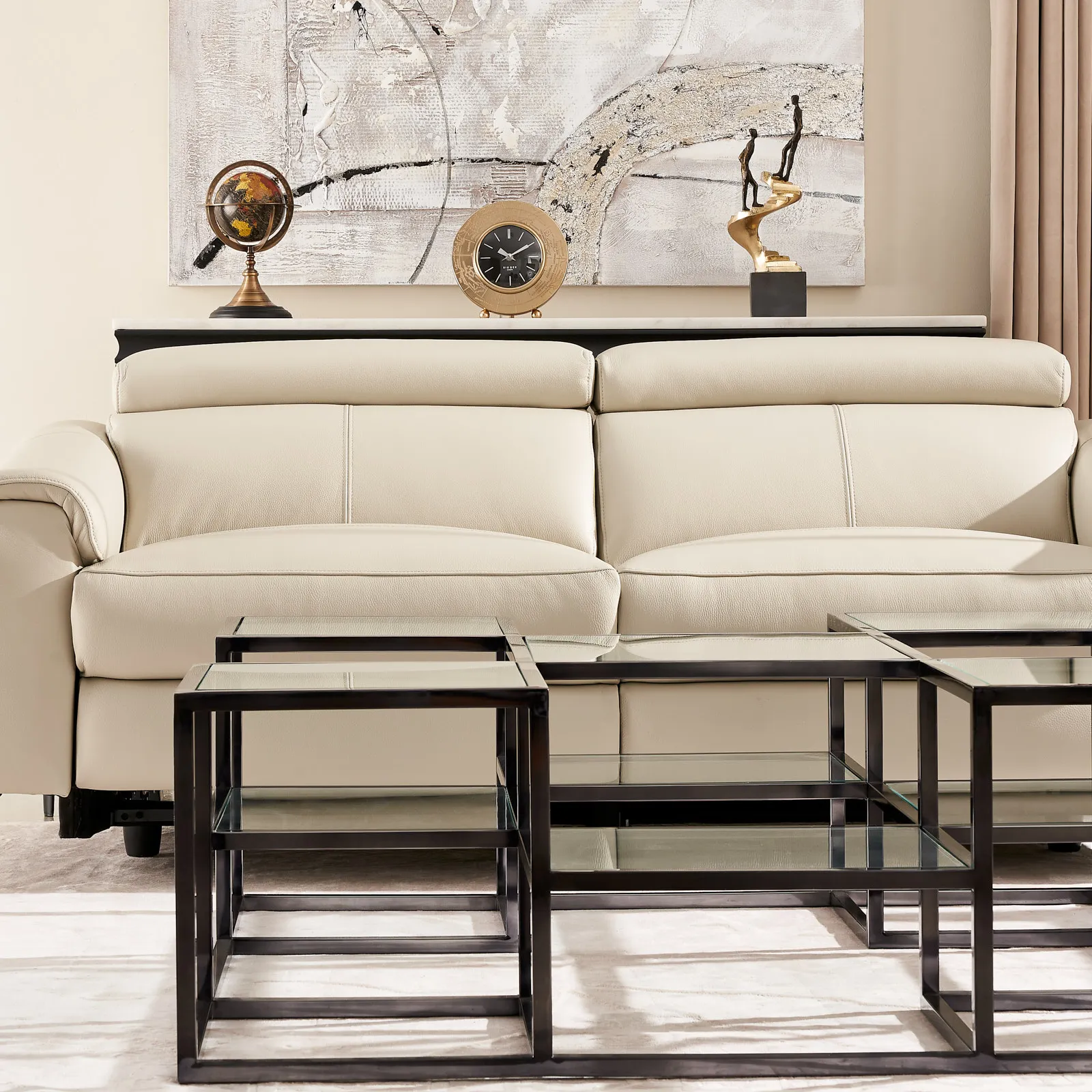 Bruce Cream Leather 3-Seater Electric Recliner 