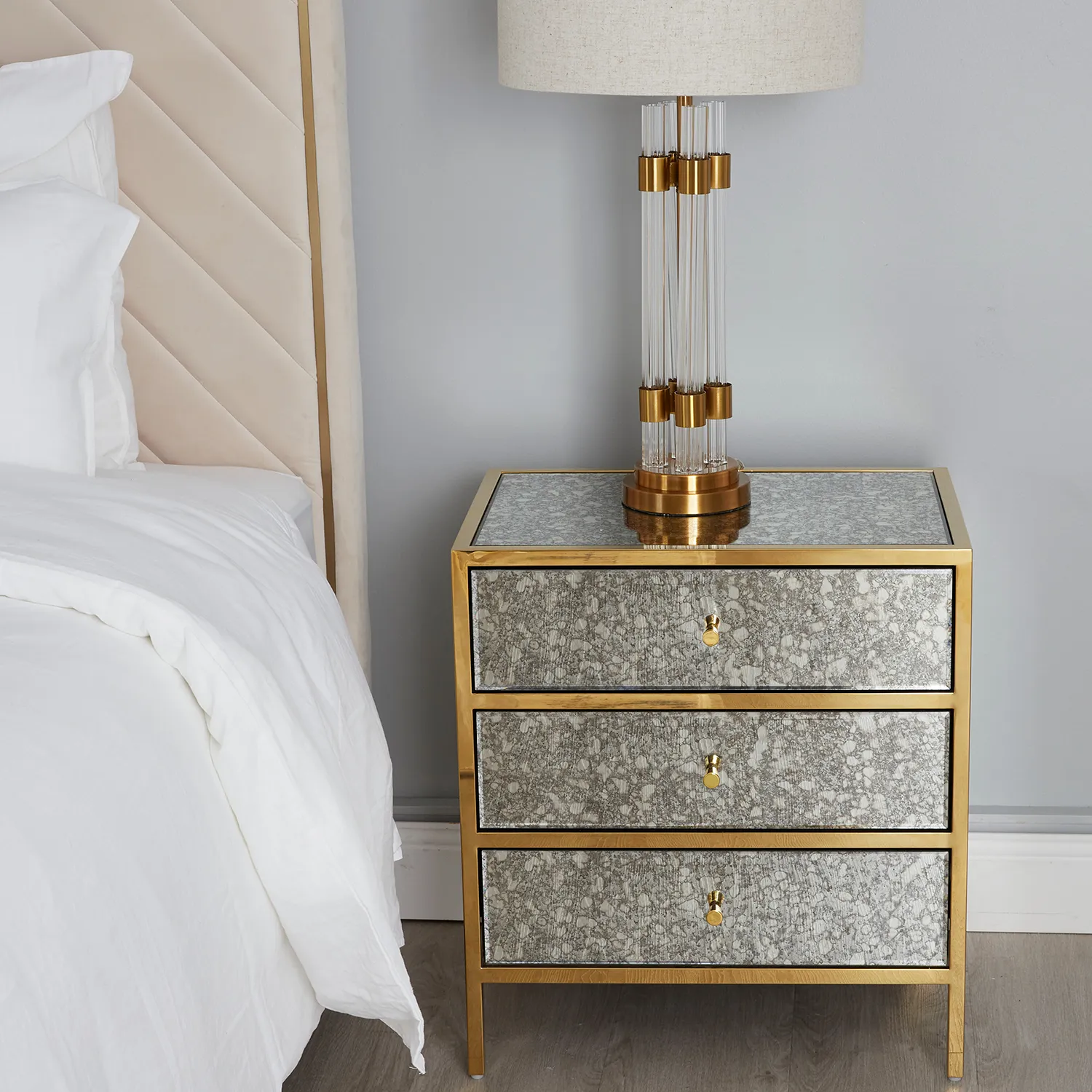 Helena Antique Glass Bedside Table - Gold Frame