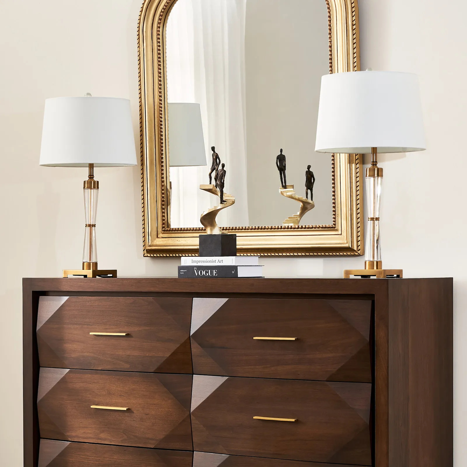 Nela Crystal and Brushed Bronze Metal Table Lamp - White Linen Lamp Shade