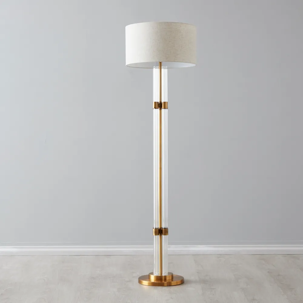 Wilton Brushed Bronze Metal Floor Lamp - White Linen Lamp Shade