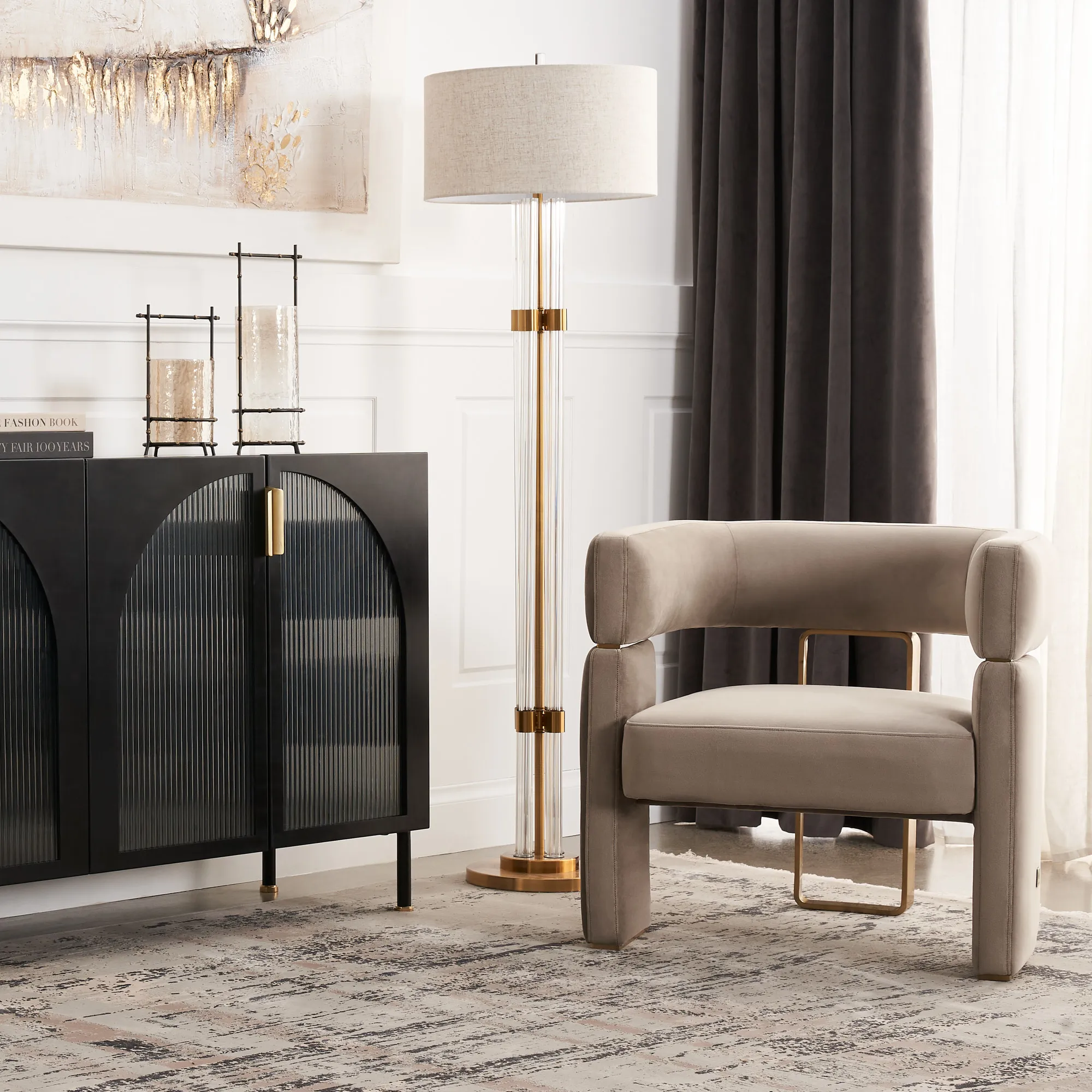 Wilton Brushed Bronze Metal Floor Lamp - White Linen Lamp Shade