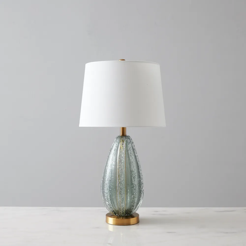 Dorian Brushed Bronze Coloured Glaze Sea Glass Table Lamp -  White Linen Lamp Shade