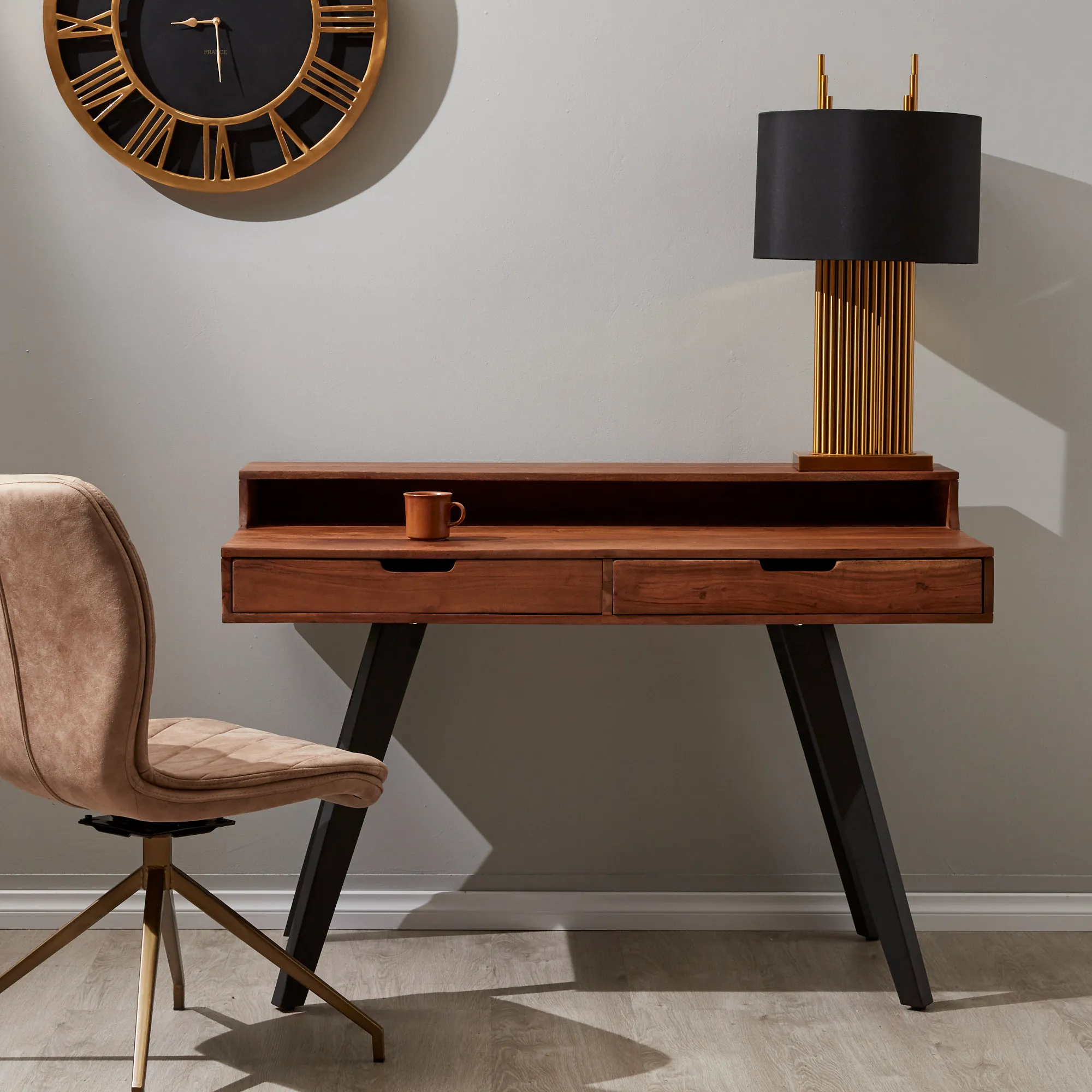 Angus Brushed Bronze Metal Table Lamp - Black Fabric Lamp Shade