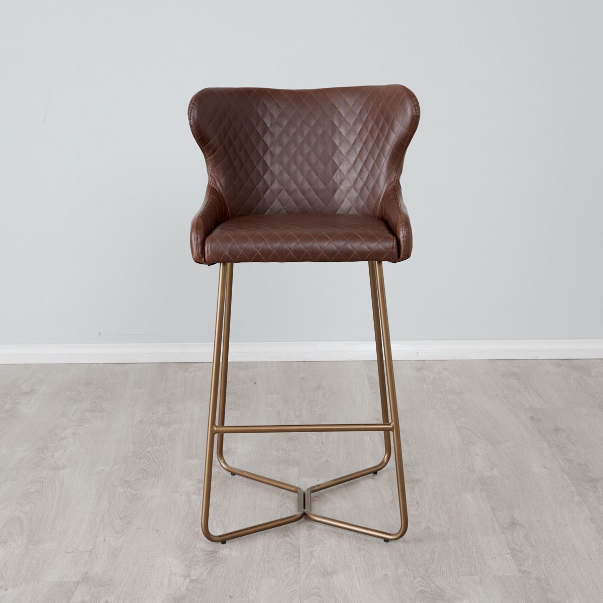 Quinn Brown Vegan Leather Bar Stool - Brass Colour Legs
