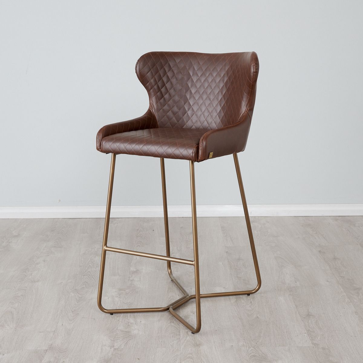 Quinn Brown Vegan Leather Bar Stool - Brass Colour Legs