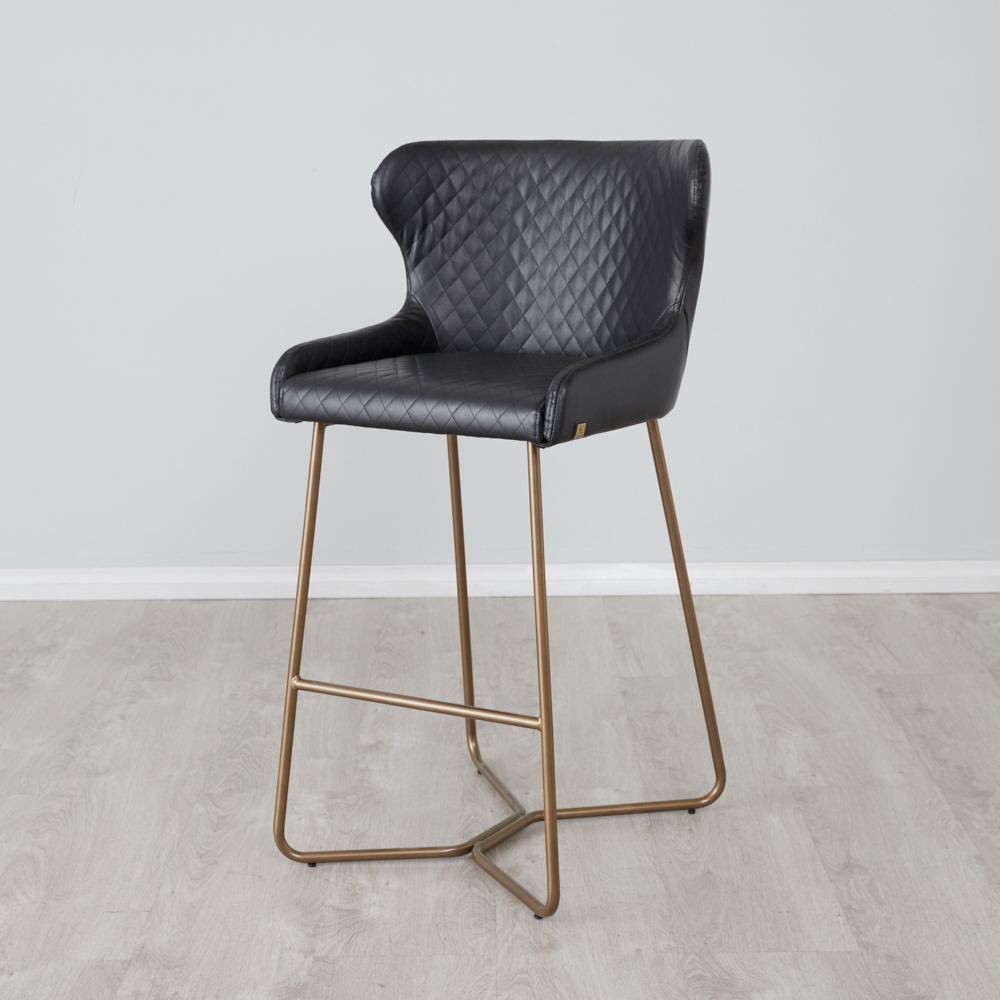 Quinn Black Vegan Leather  Bar Stool - Brass Colour Legs