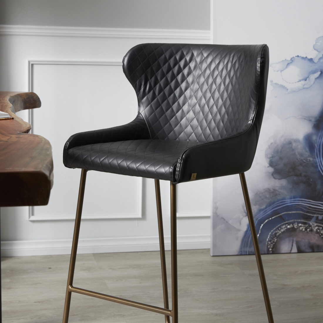 Quinn Black Vegan Leather  Bar Stool - Brass Colour Legs