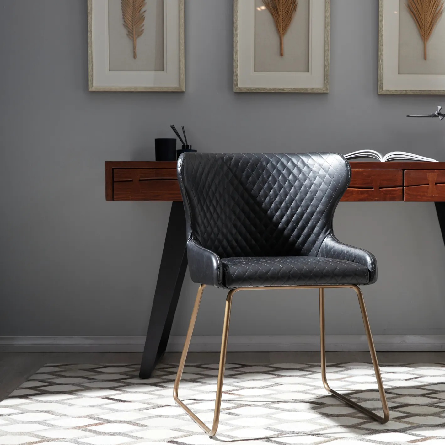Quinn Black Vegan Leather Dining Chair - Brass Colour Legs