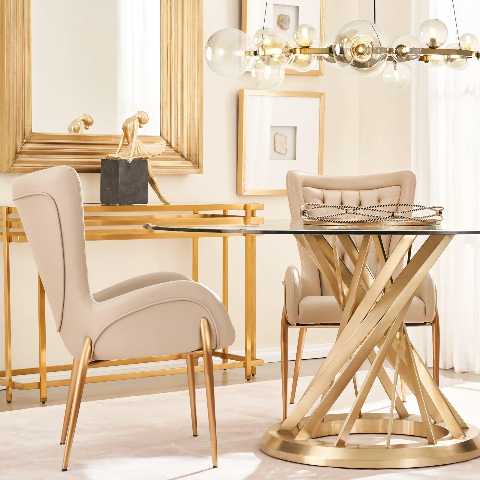 Henry Sand Beige Vegan Leather Dining Chair - Brushed Gold Legs