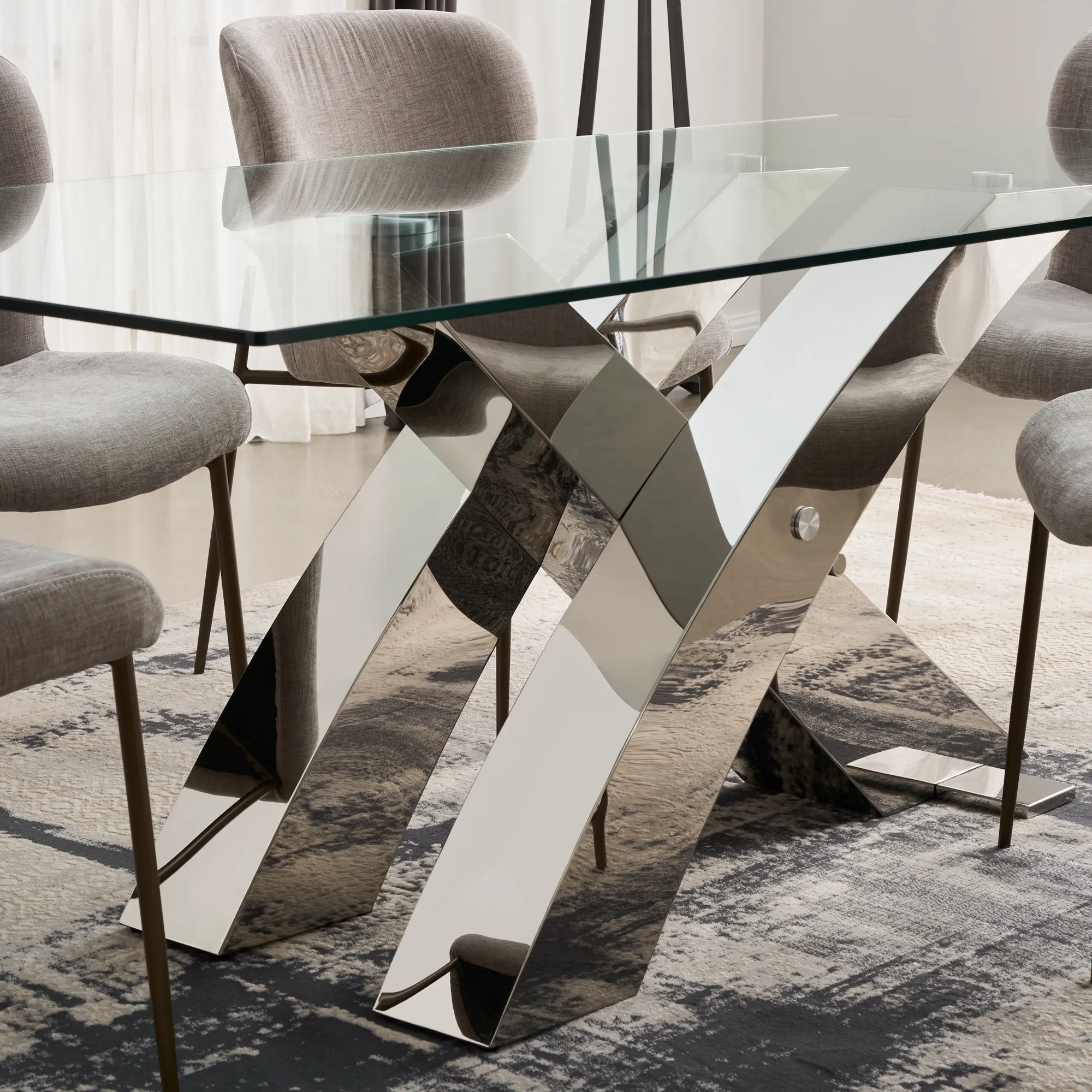 Adair Stainless Steel Dining Table - Glass Top 200cm