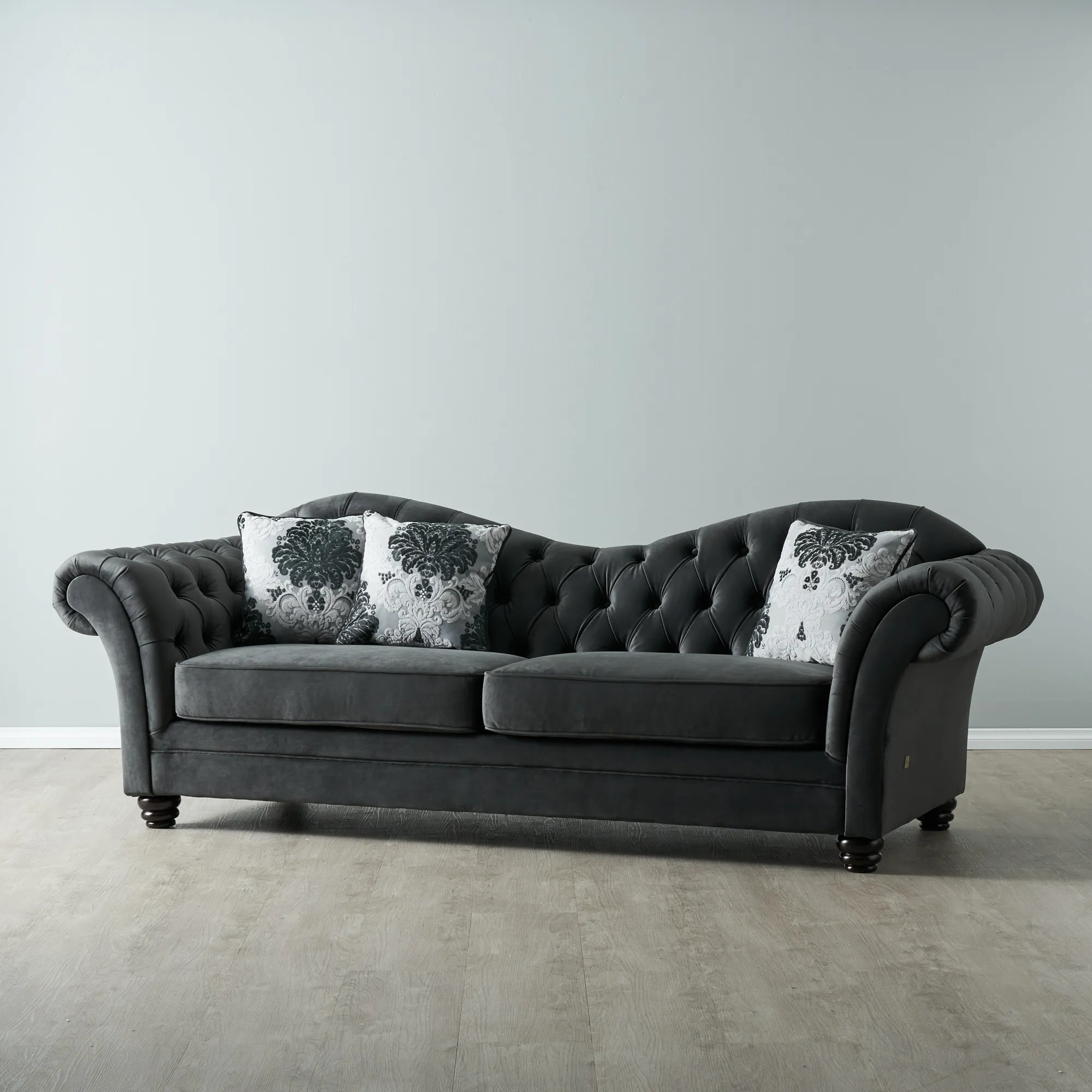 Florence II Charcoal Velvet 3-Seater Sofa with Floral Cushions