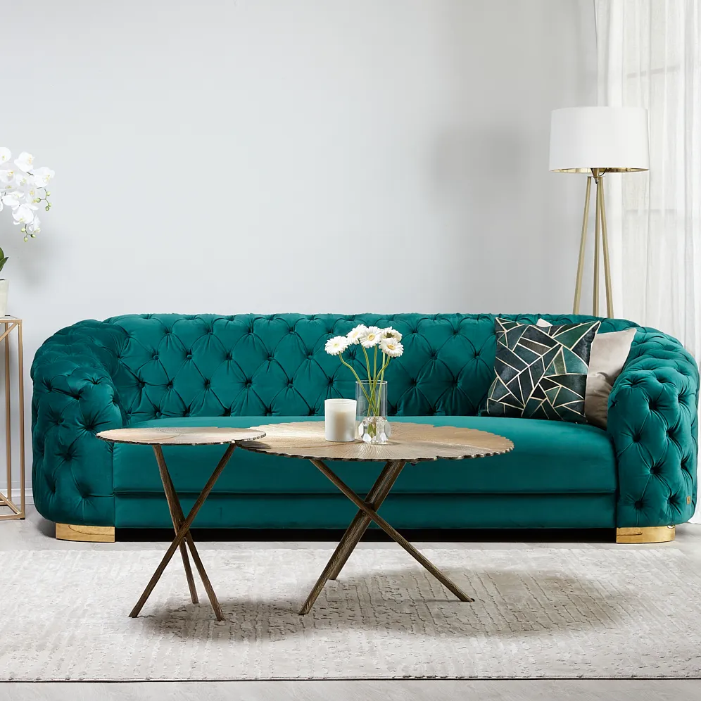 Kelly Emerald Velvet 3-Seater Sofa - Gold Legs