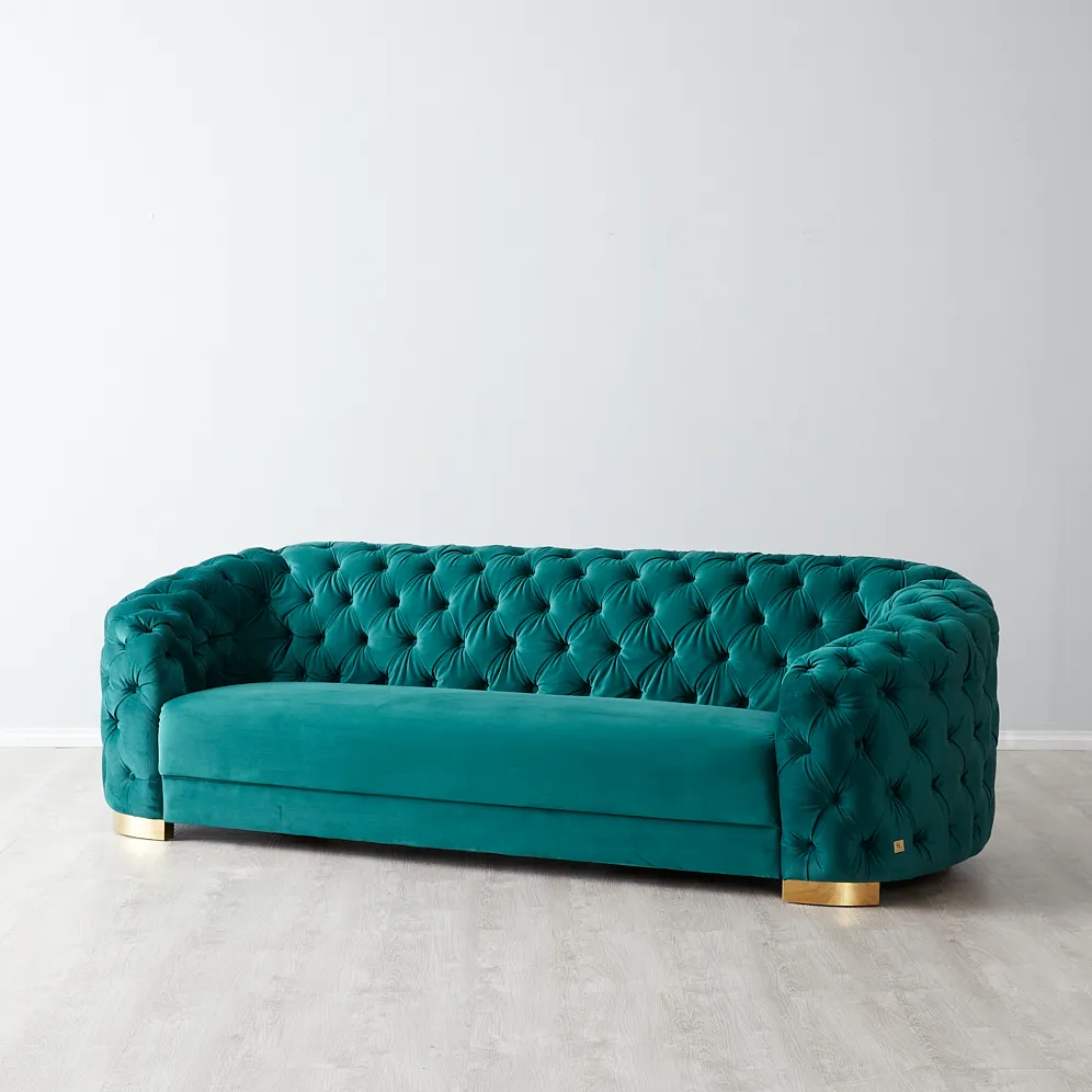Kelly Emerald Velvet 3-Seater Sofa - Gold Legs