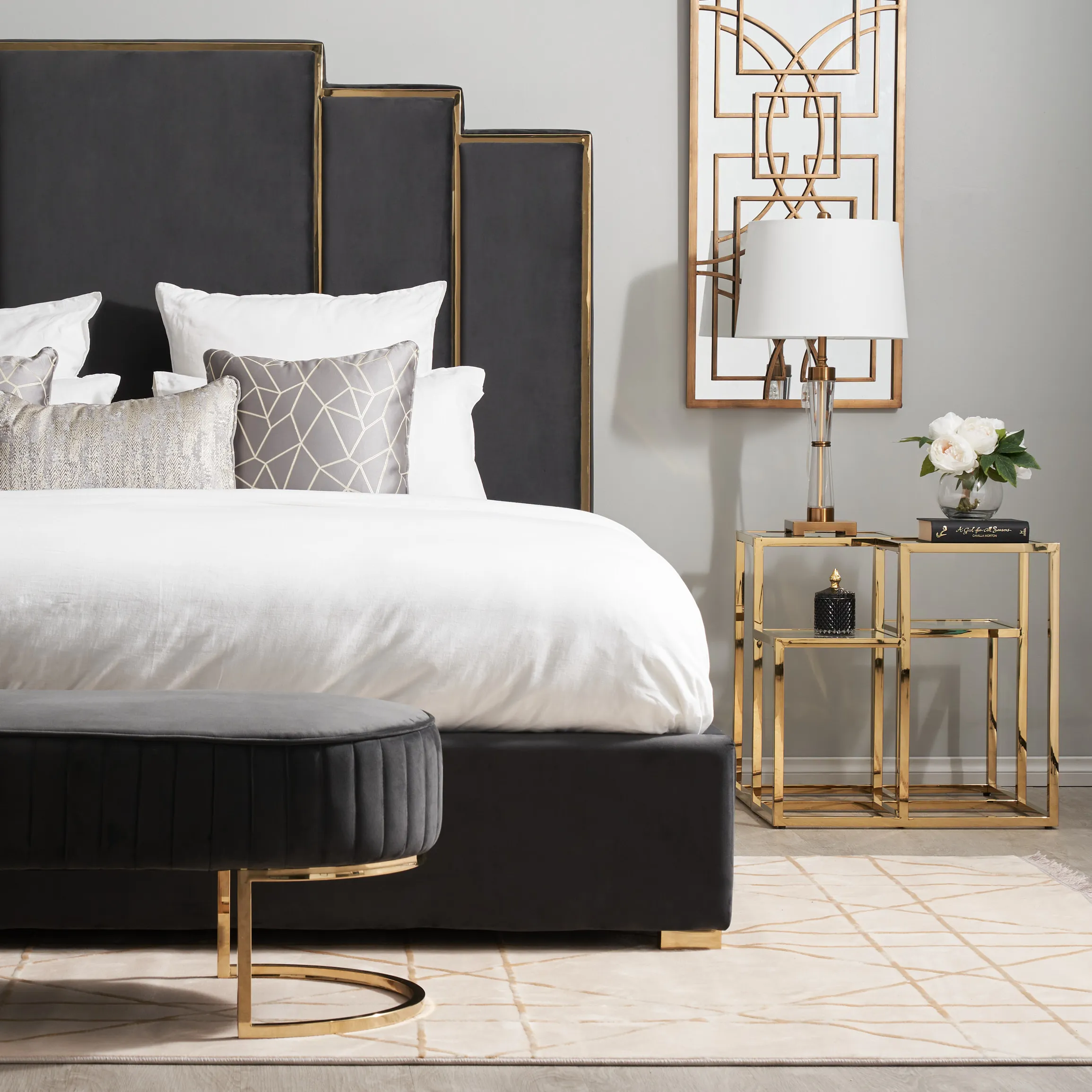 Jacques Charcoal Velvet Queen Bed - Gold Frame