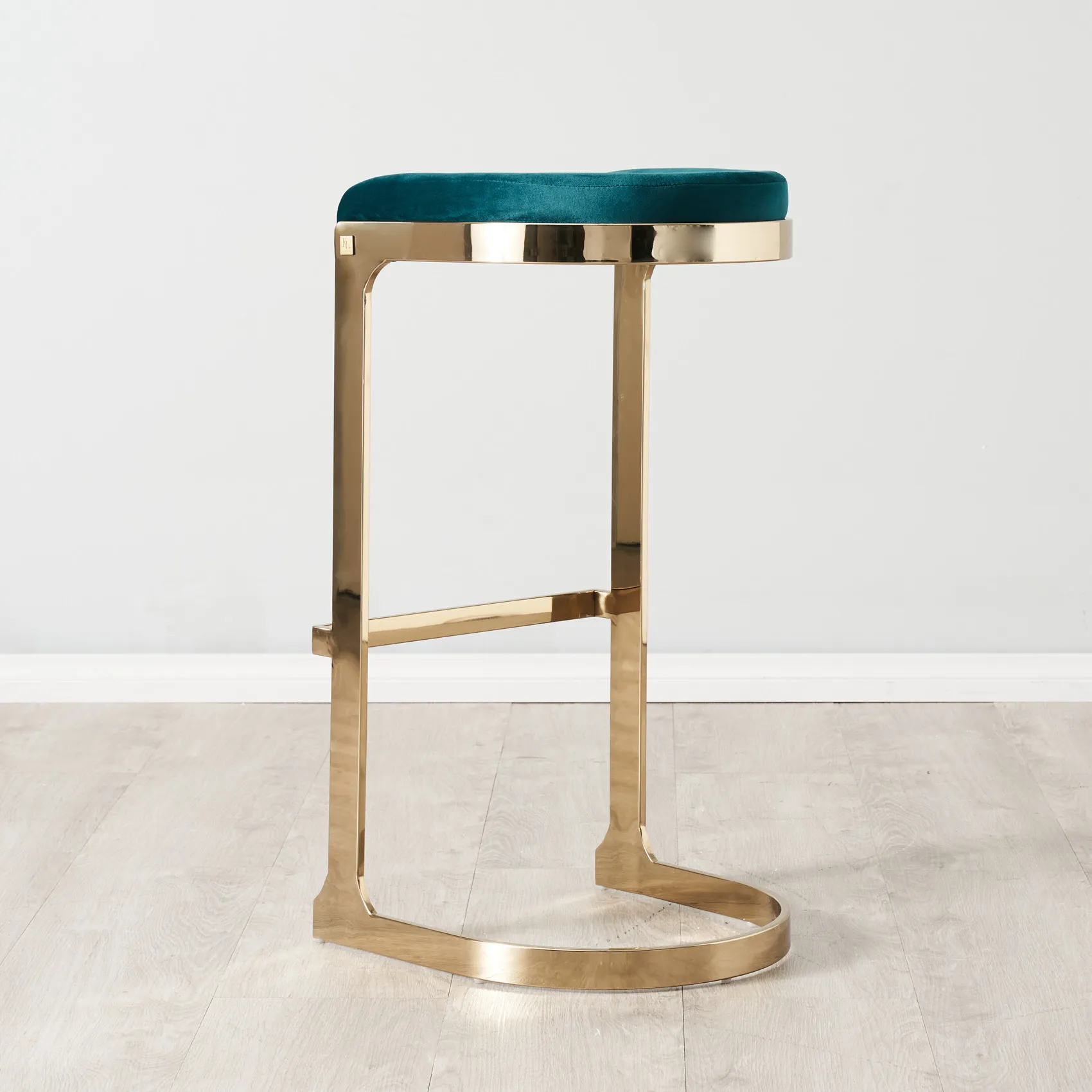 Rouven Peacock Blue Velvet 79cm Bar Stool - Champagne Gold Legs