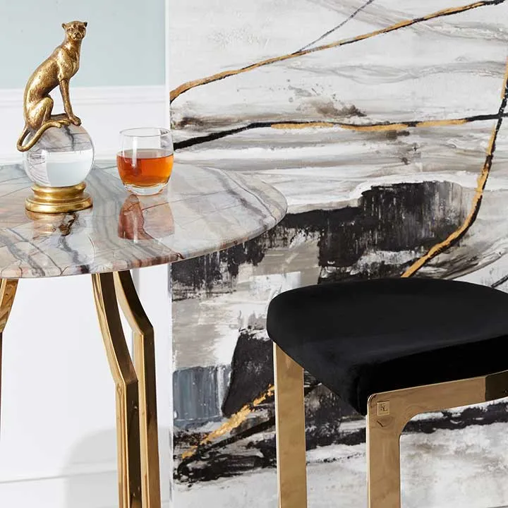 Rouven Peacock Blue Velvet 79cm Bar Stool - Champagne Gold Legs