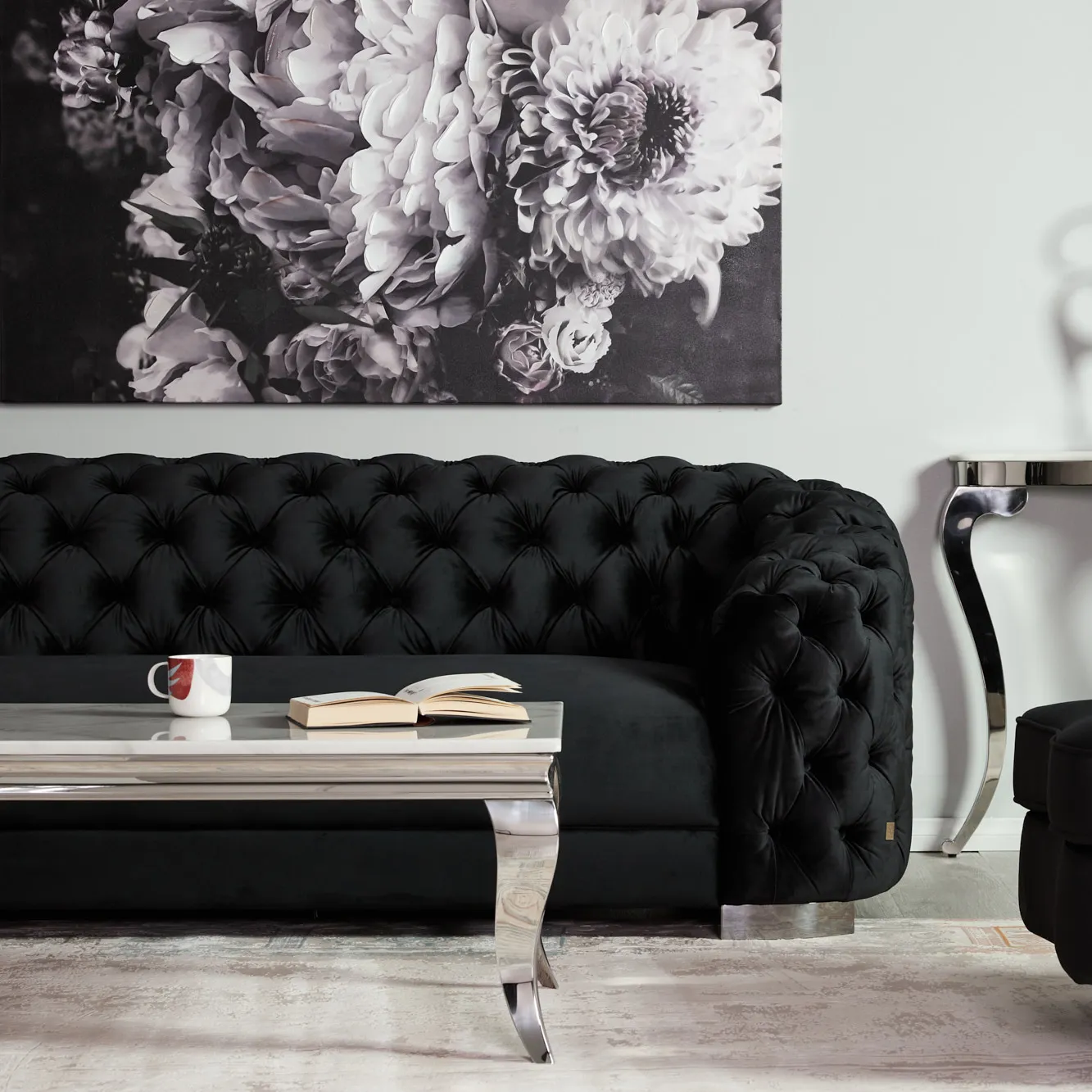 Kelly Black Velvet 3-Seater Sofa - Black Nickel Legs