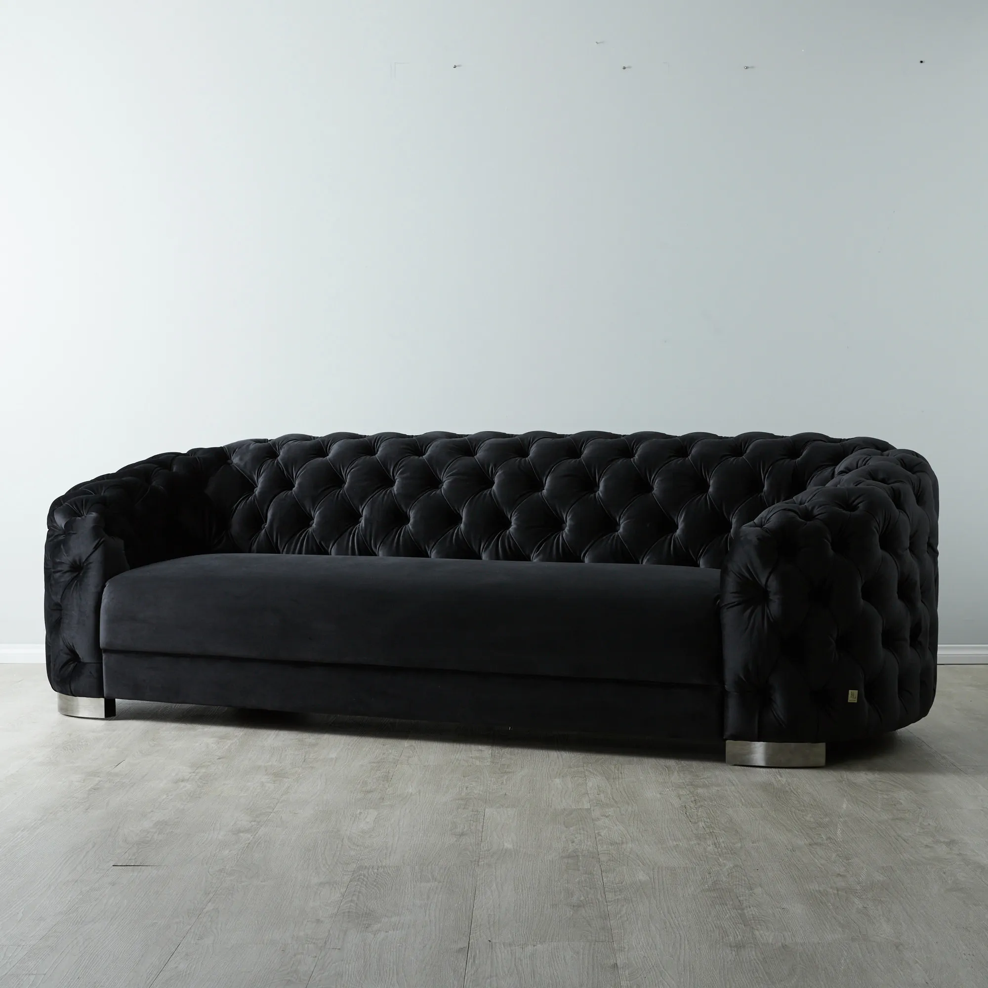 Kelly Black Velvet 3-Seater Sofa - Black Nickel Legs