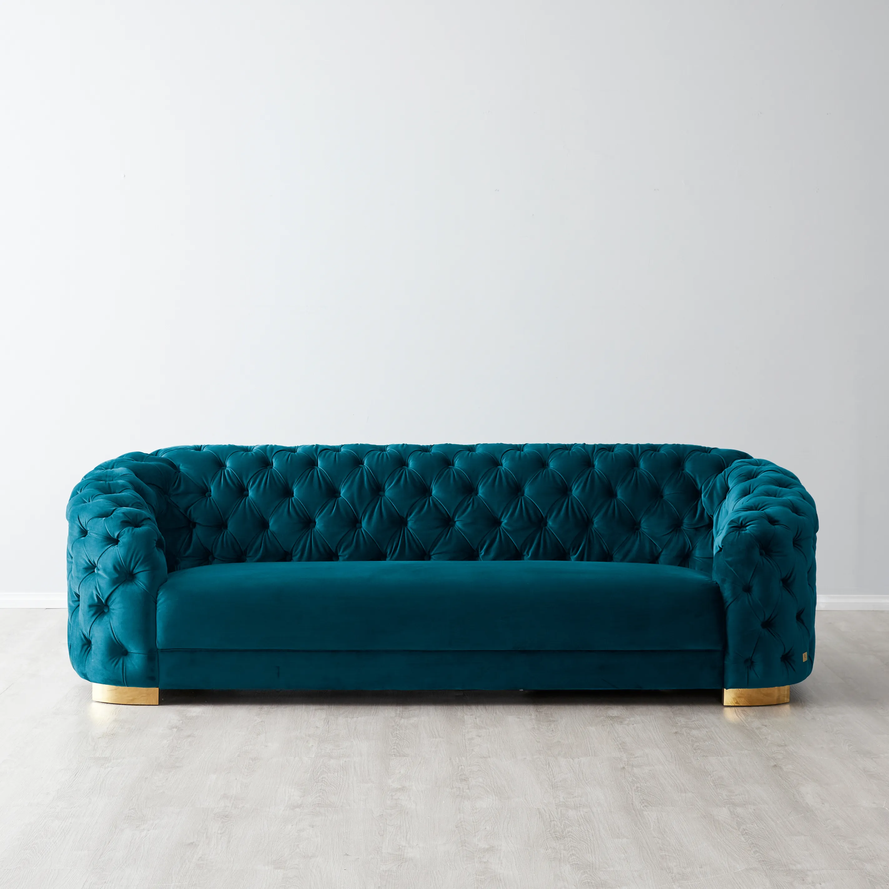 Kelly Peacock Blue Velvet 3 Seater Sofa - Gold Legs