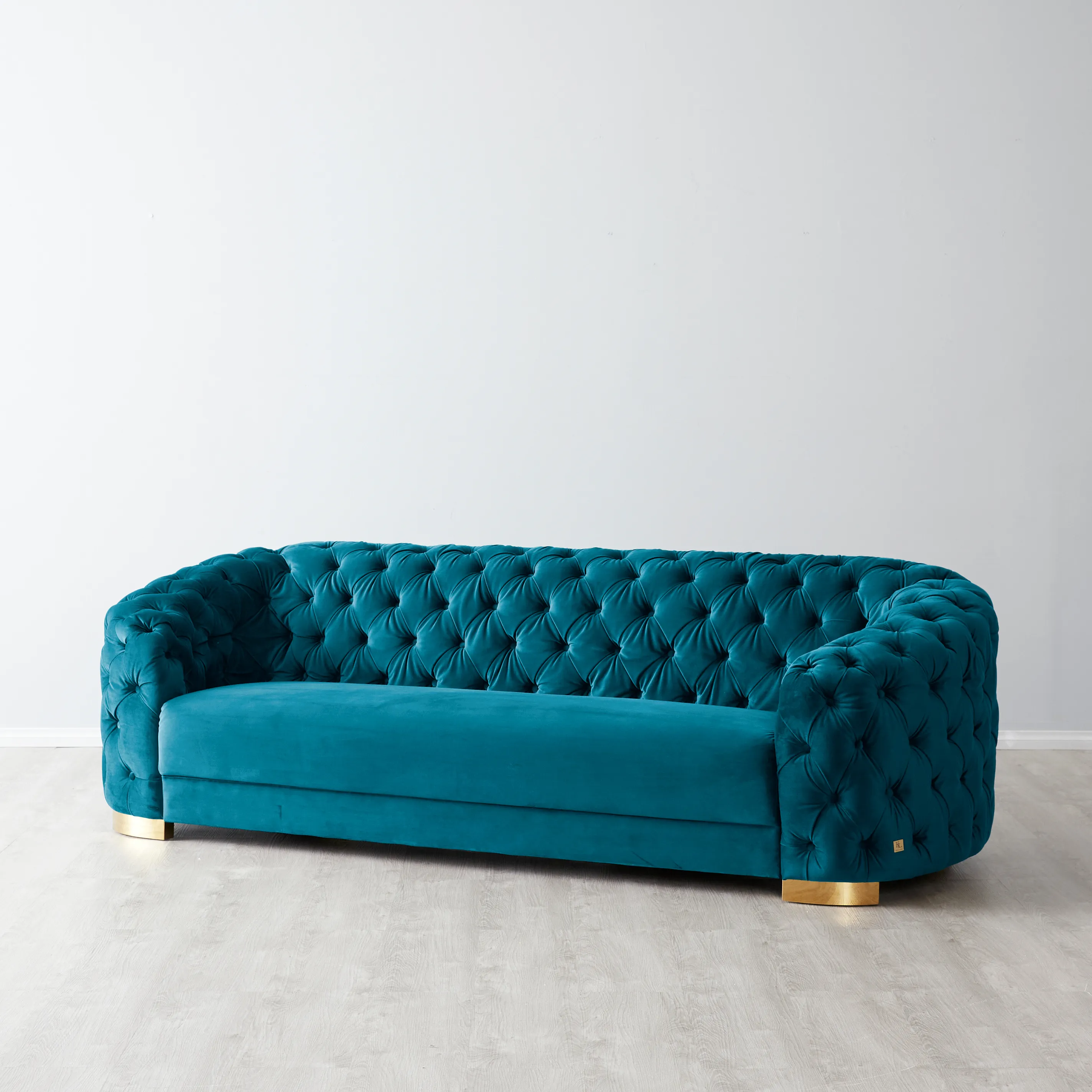 Kelly Peacock Blue Velvet 3 Seater Sofa - Gold Legs