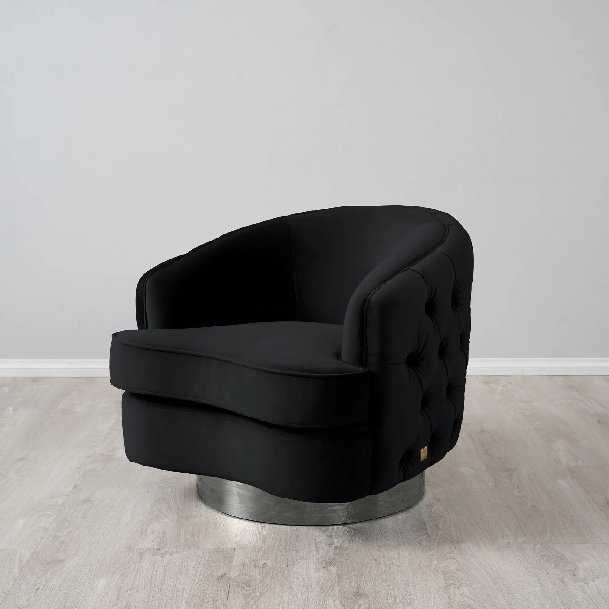 Kelly Black Velvet Swivel Chair - Black Nickel Leg