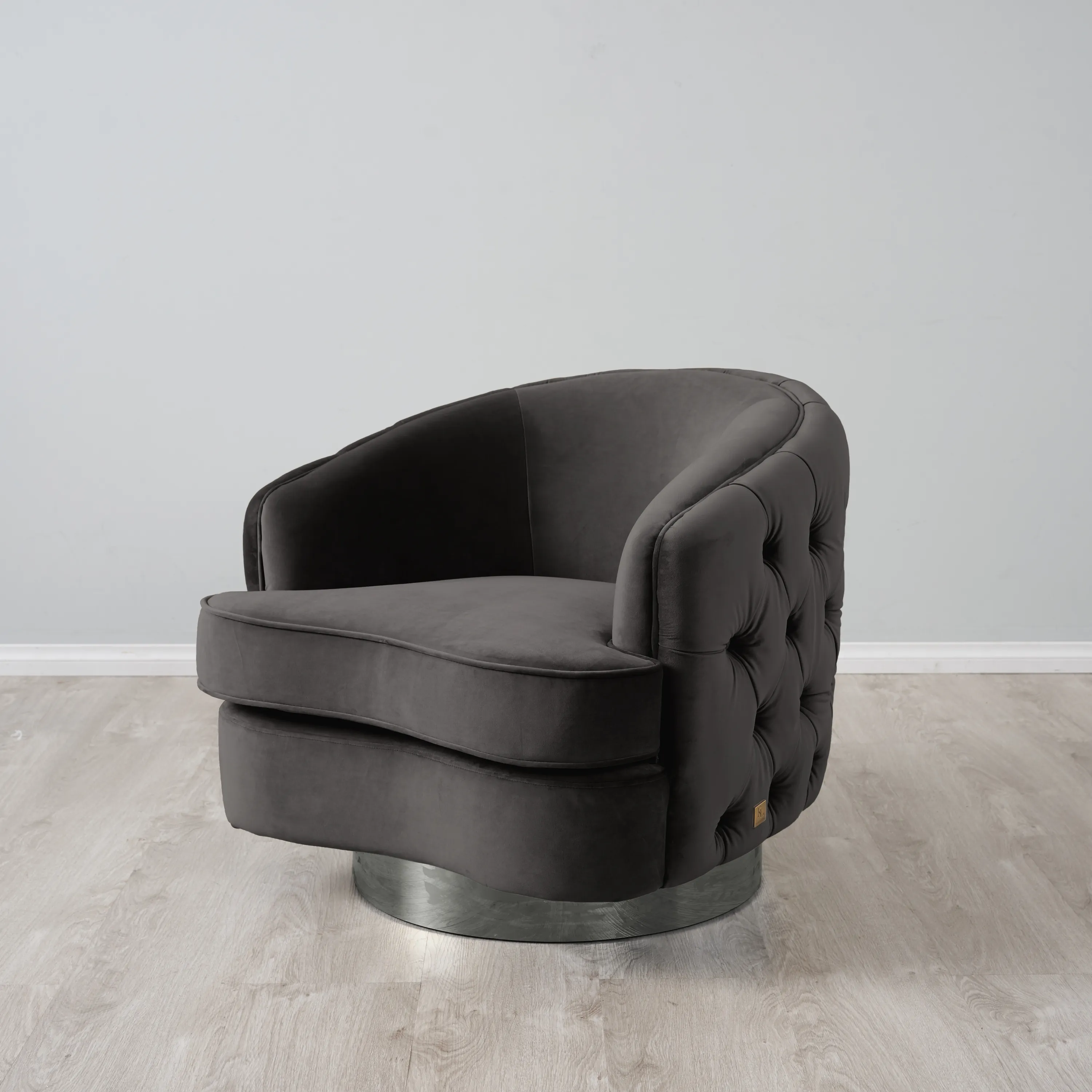 Kelly Charcoal Velvet Swivel Chair - Black Nickel Leg