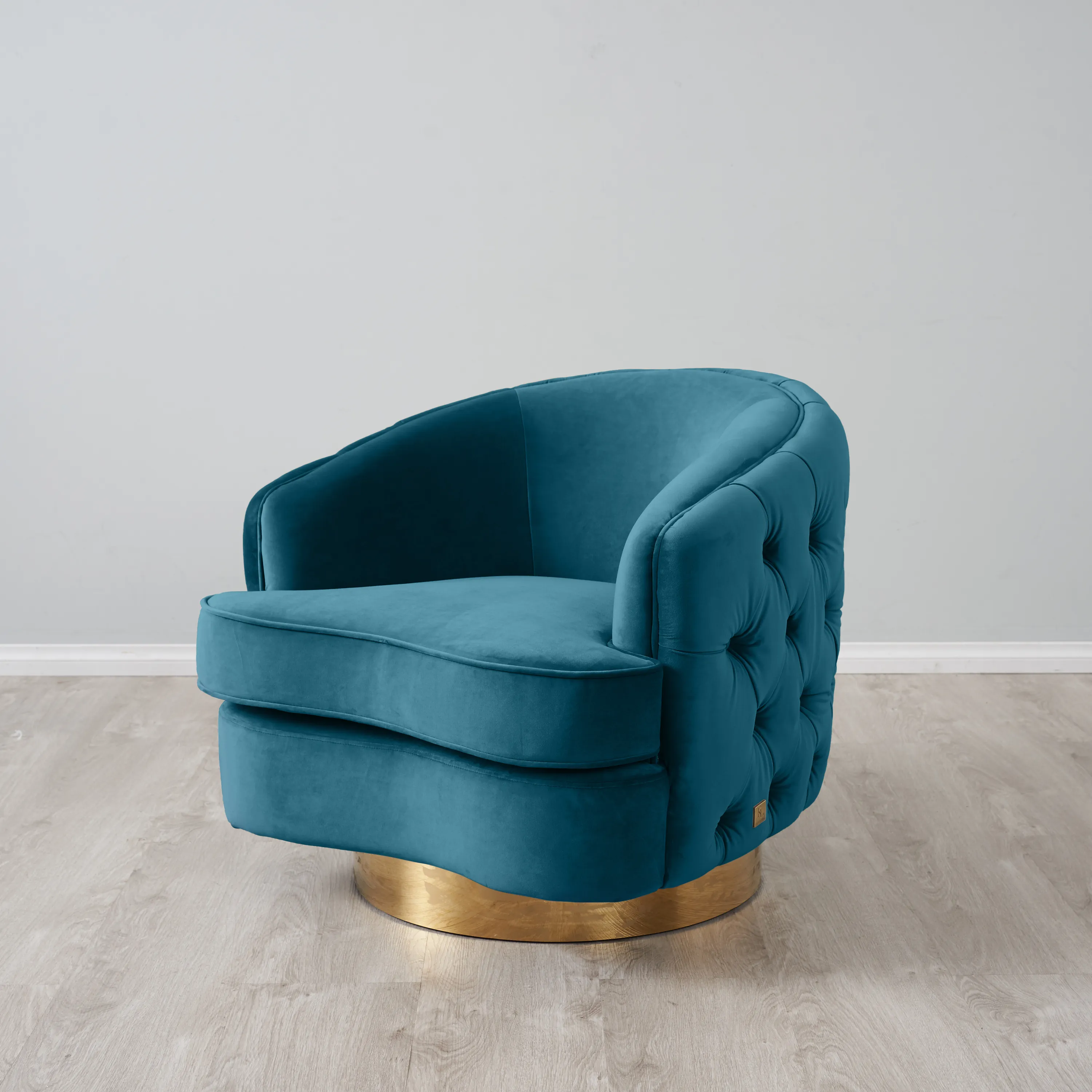 Kelly Peacock Blue Velvet Swivel Chair - Gold Leg