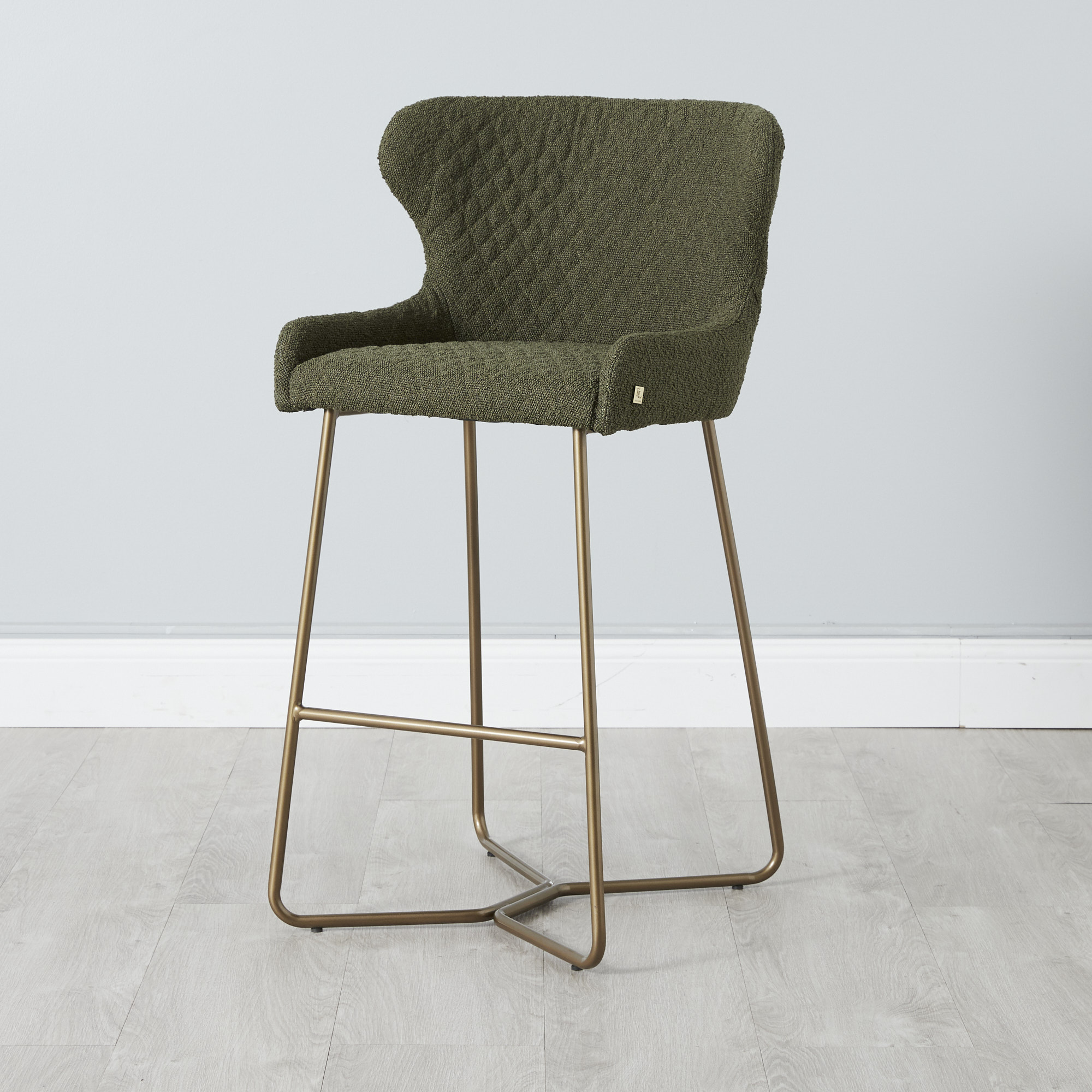 Quinn Olive Green Boucle Bar Stool - Brass Colour Legs