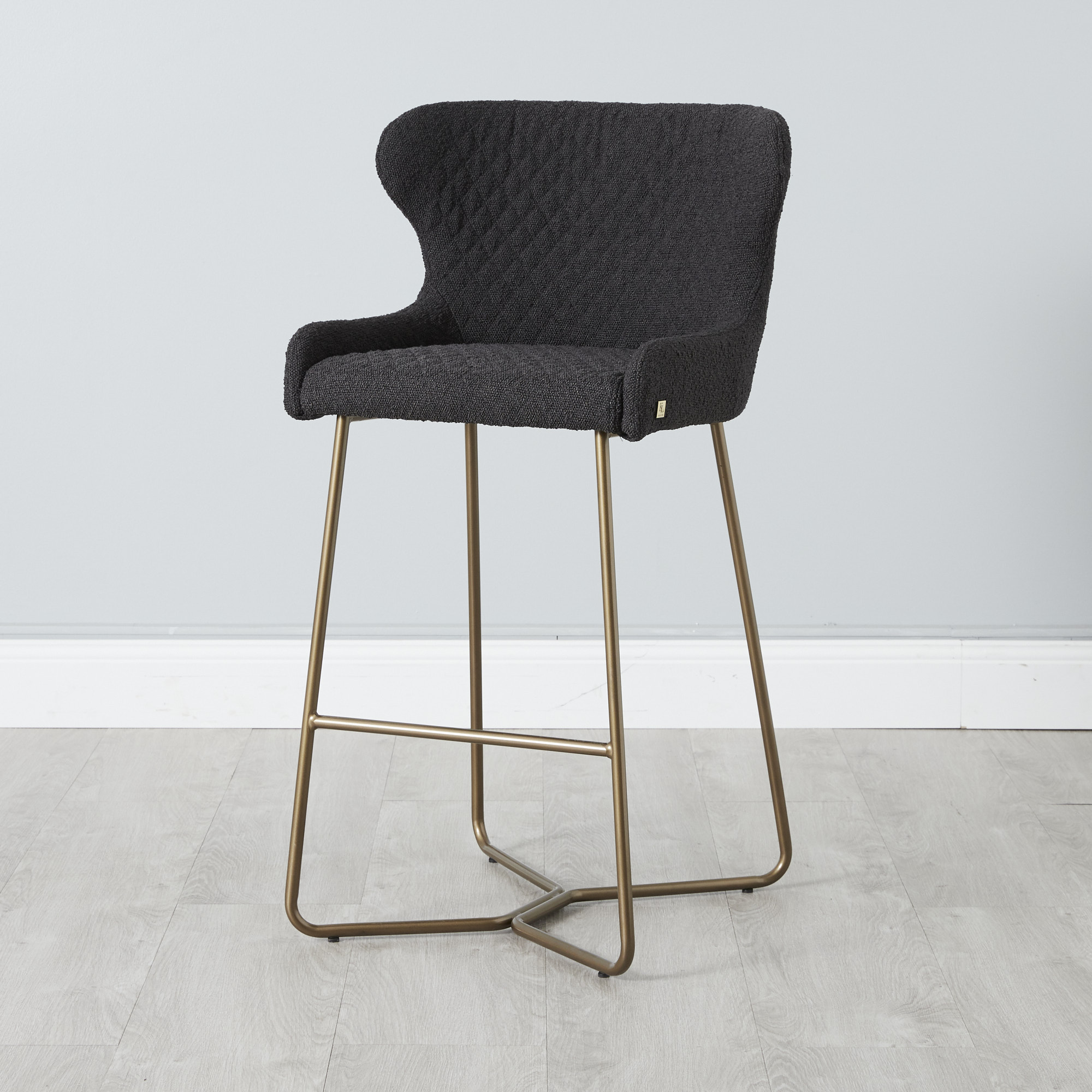 Quinn Charcoal Boucle Bar Stool - Brass Colour Legs