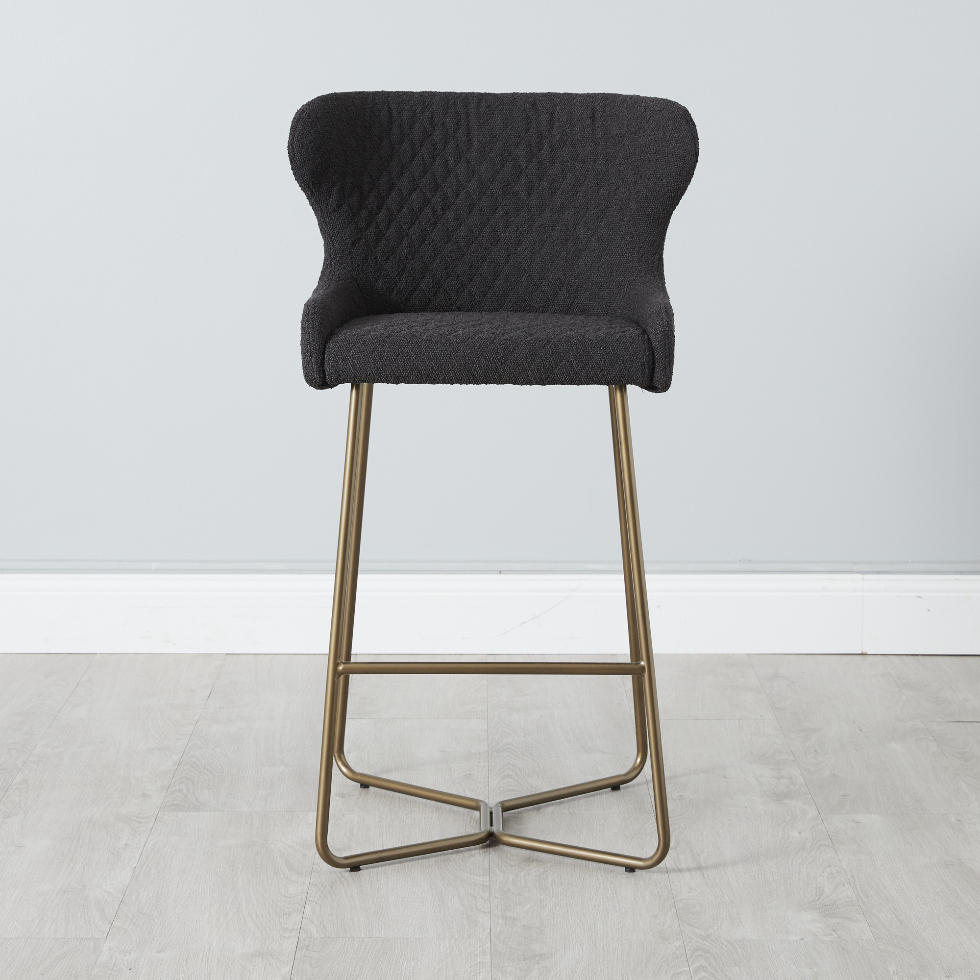 Quinn Charcoal Boucle Bar Stool - Brass Colour Legs
