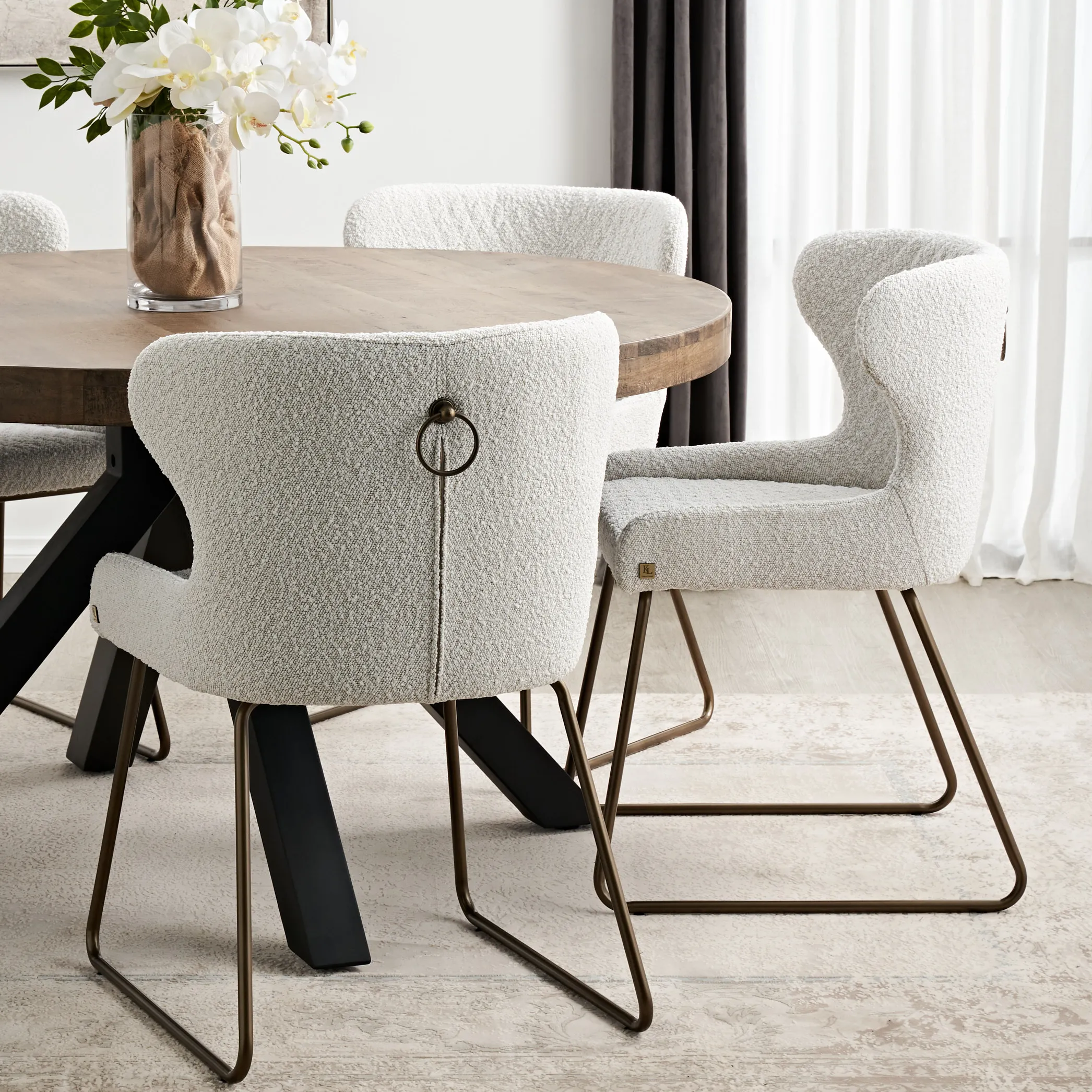 Quinn Cream Boucle Dining Chair - Brass Colour Legs