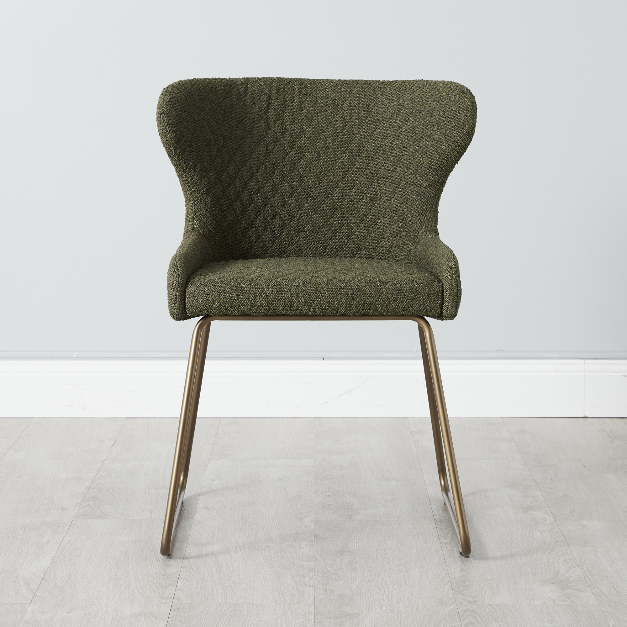 Quinn Olive Green Boucle Dining Chair  - Brass Colour Legs