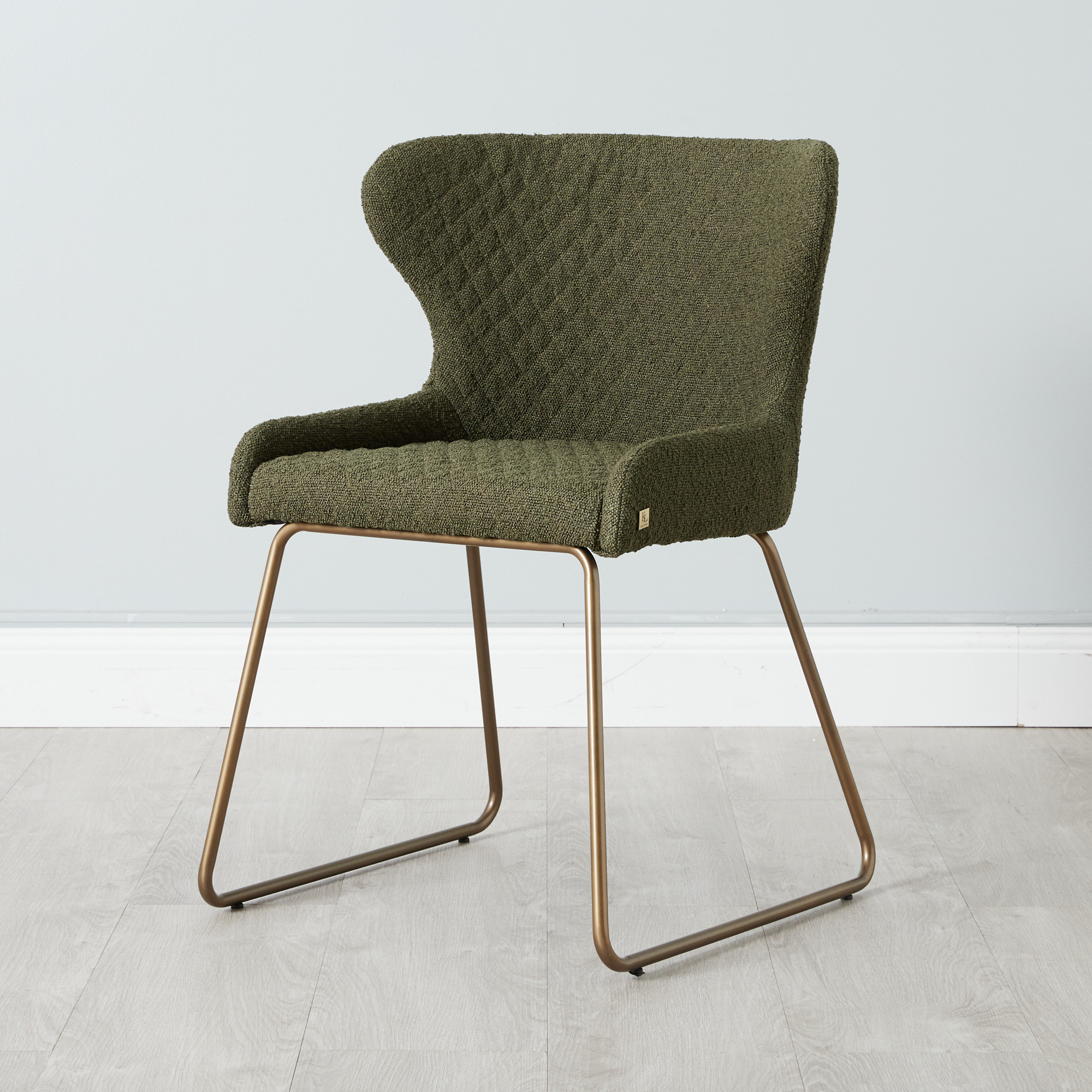 Quinn Olive Green Boucle Dining Chair  - Brass Colour Legs