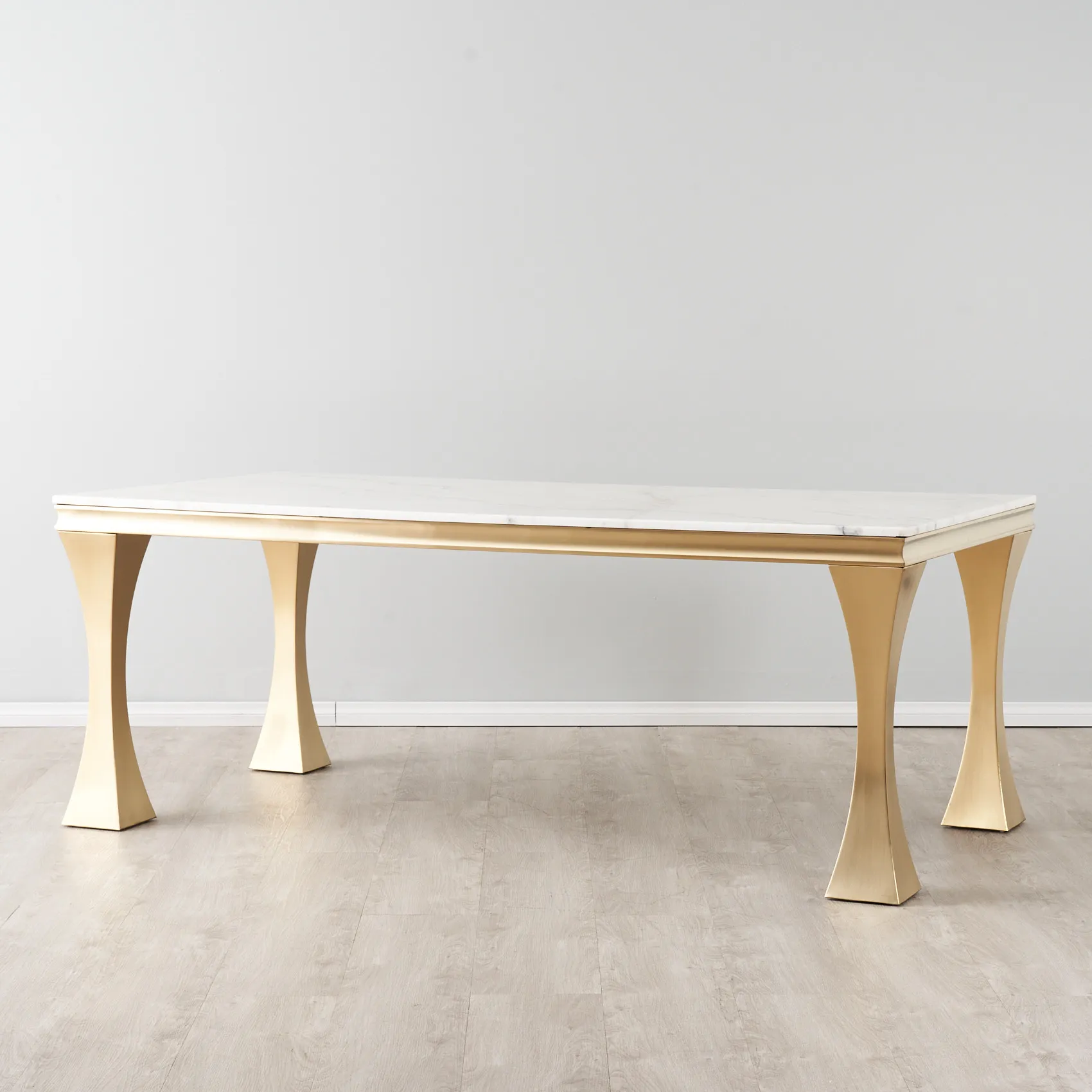 Melody Natural White Marble Dining Table - Brushed Champagne Gold Stainless Steel Legs 200cm x 100cm