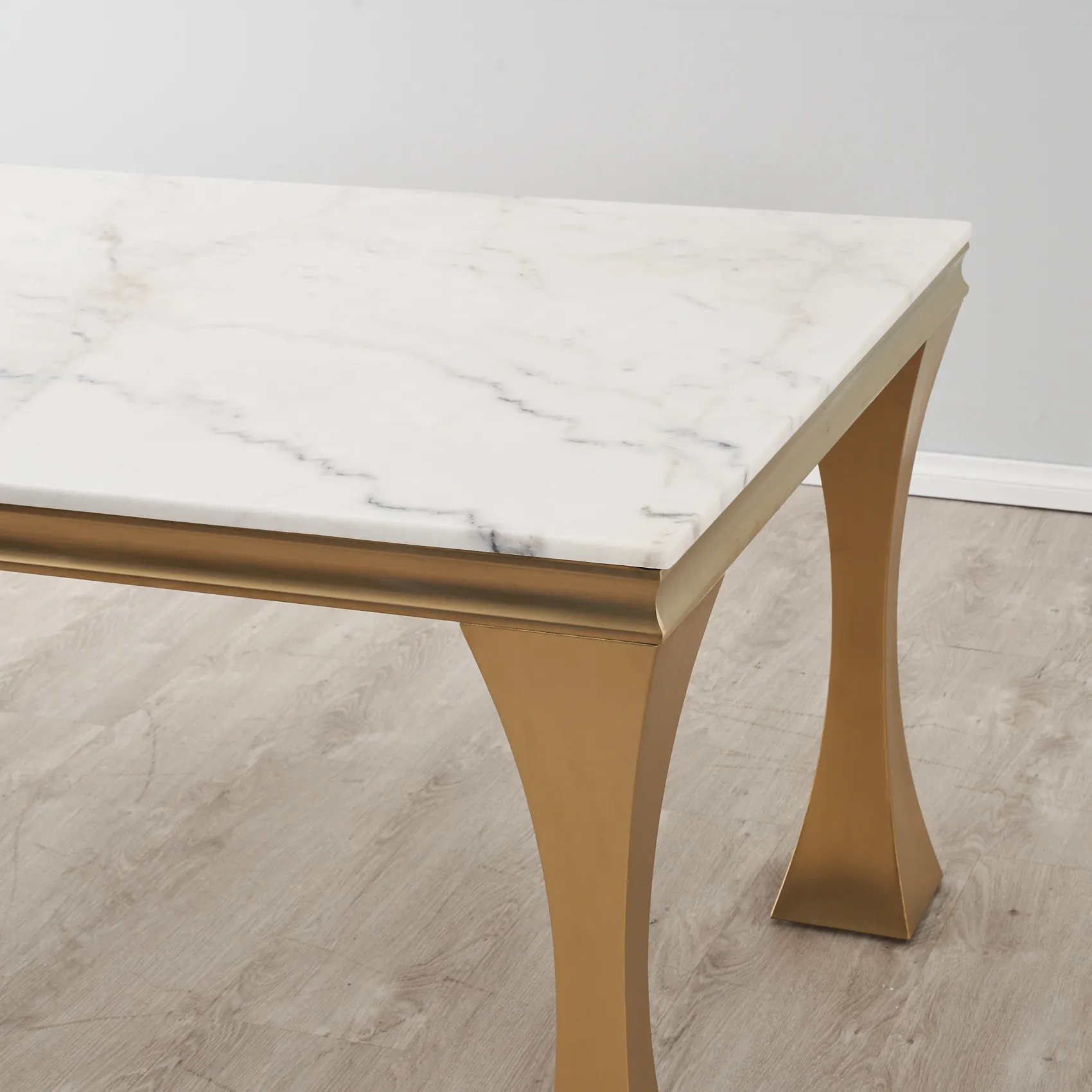 Melody Natural White Marble Dining Table - Brushed Champagne Gold Stainless Steel Legs 200cm x 100cm