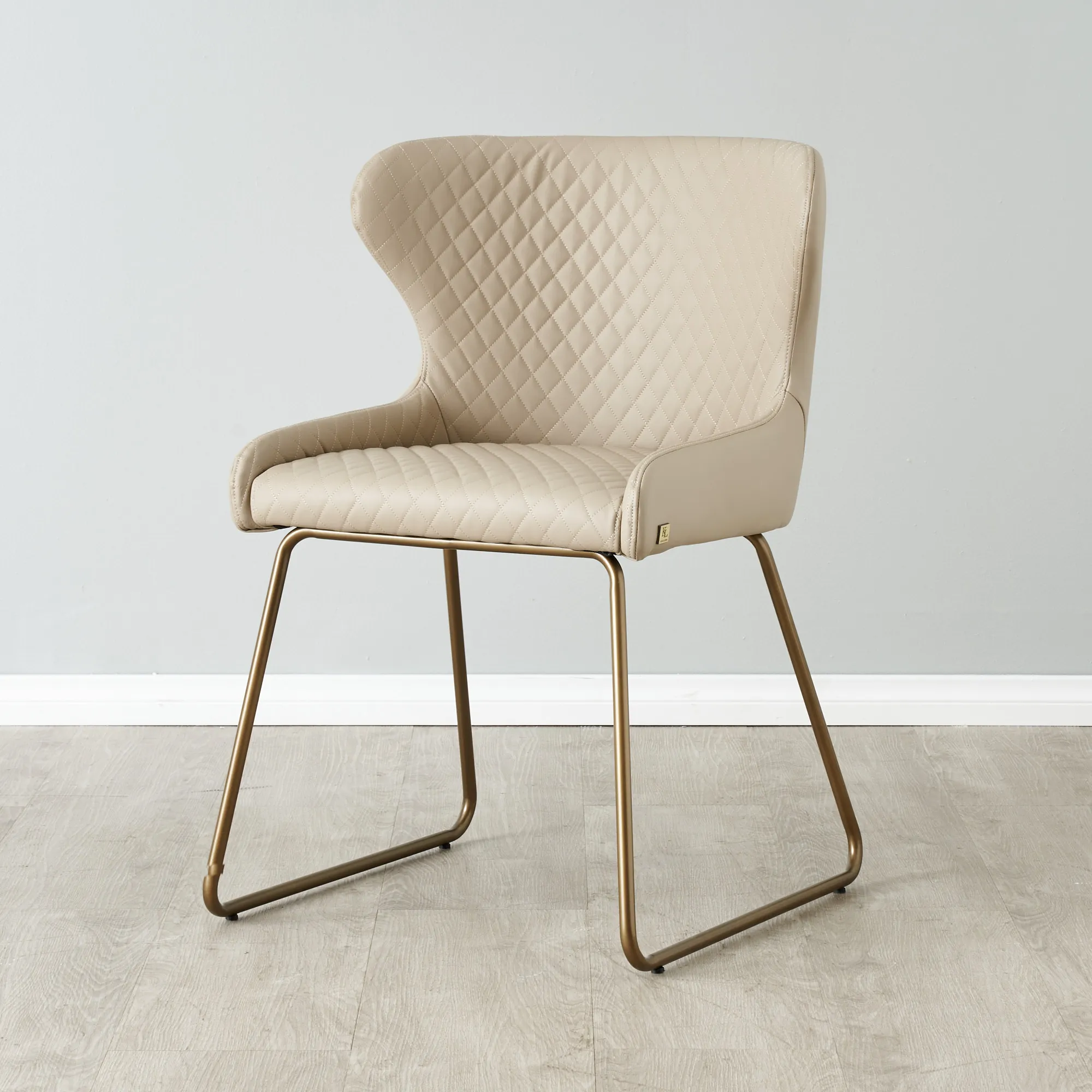 Quinn Sand Beige Vegan Leather Dining Chair - Brass Colour Legs