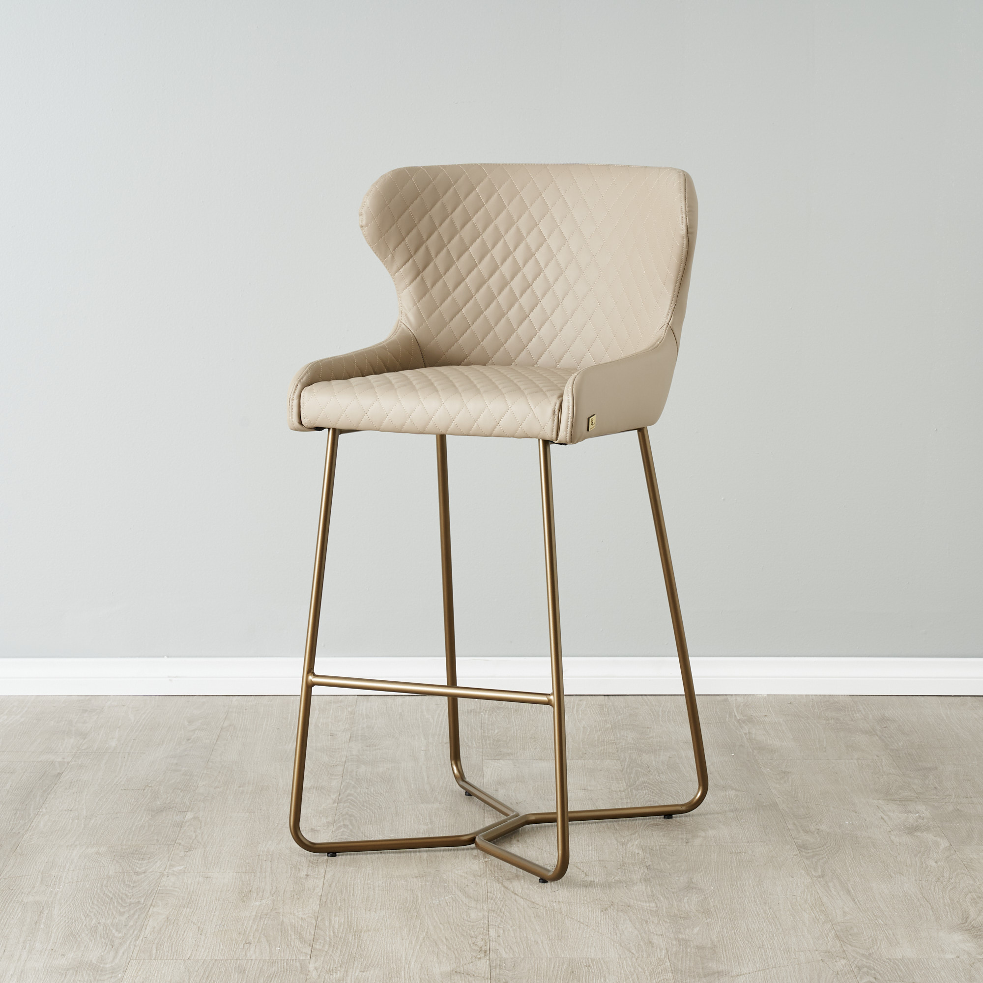 Quinn Sand Beige Vegan Leather Bar Stool  - Brass Colour Legs