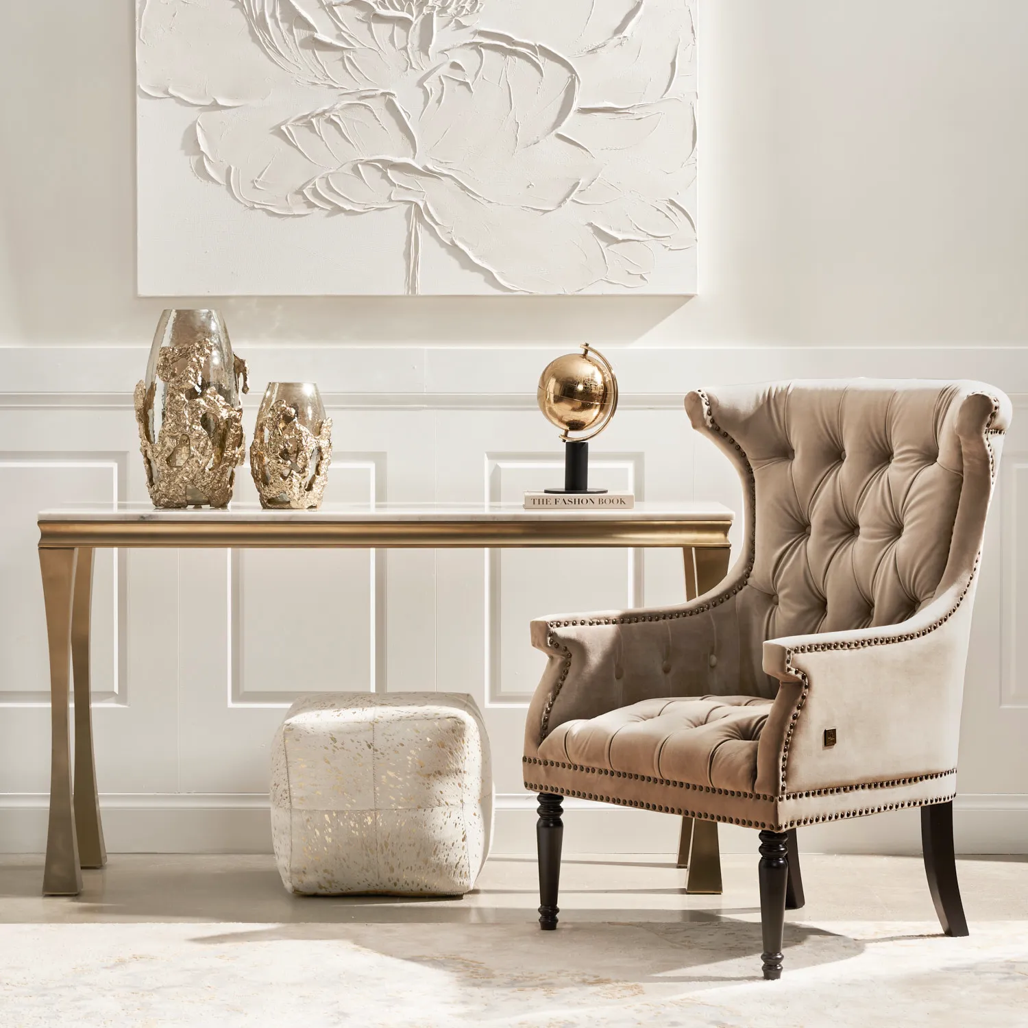 Deco Beige Velvet Armchair