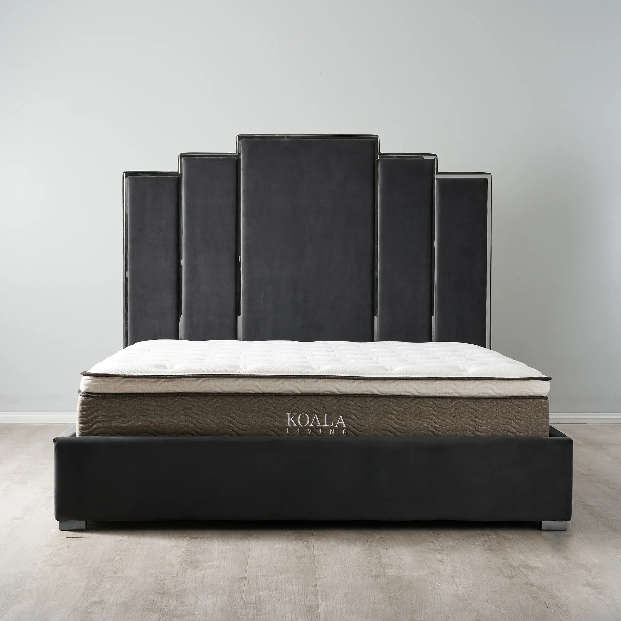 Jacques Charcoal Velvet King Bed - Black Nickel Frame