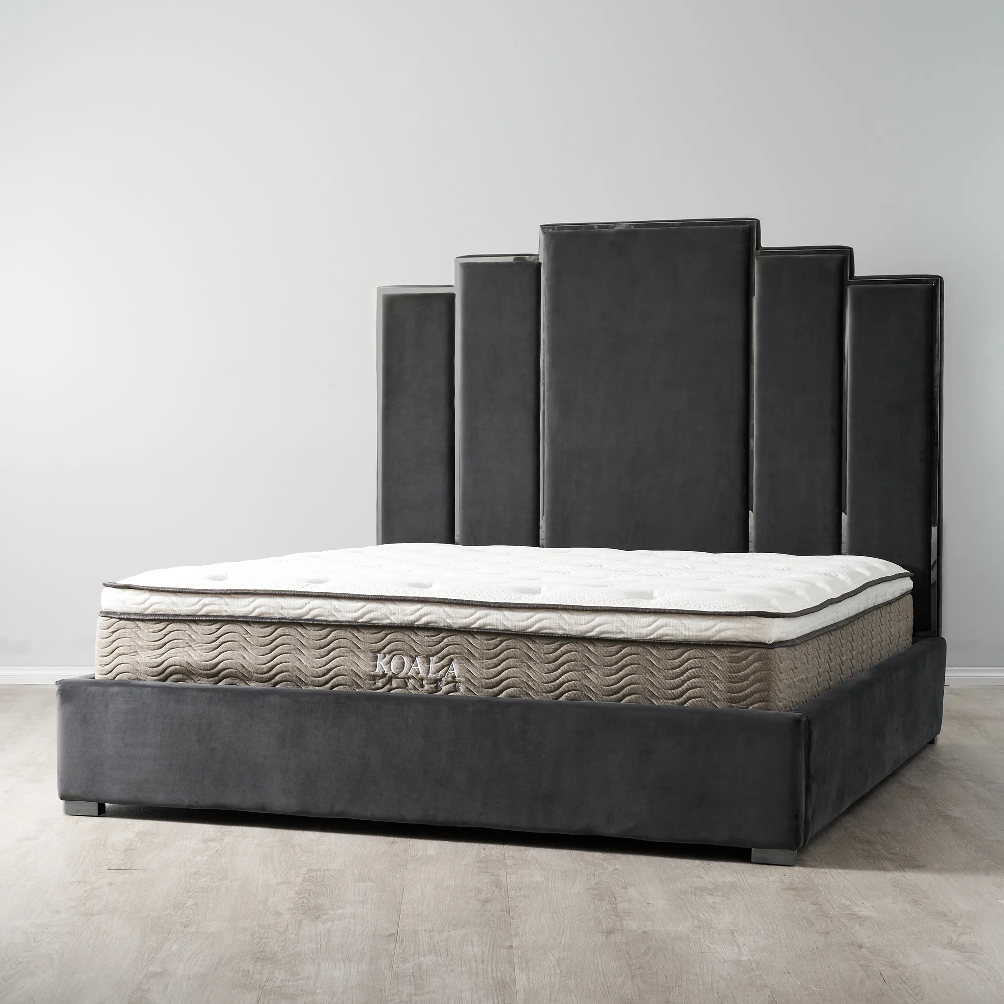 Jacques Charcoal Velvet King Bed - Black Nickel Frame