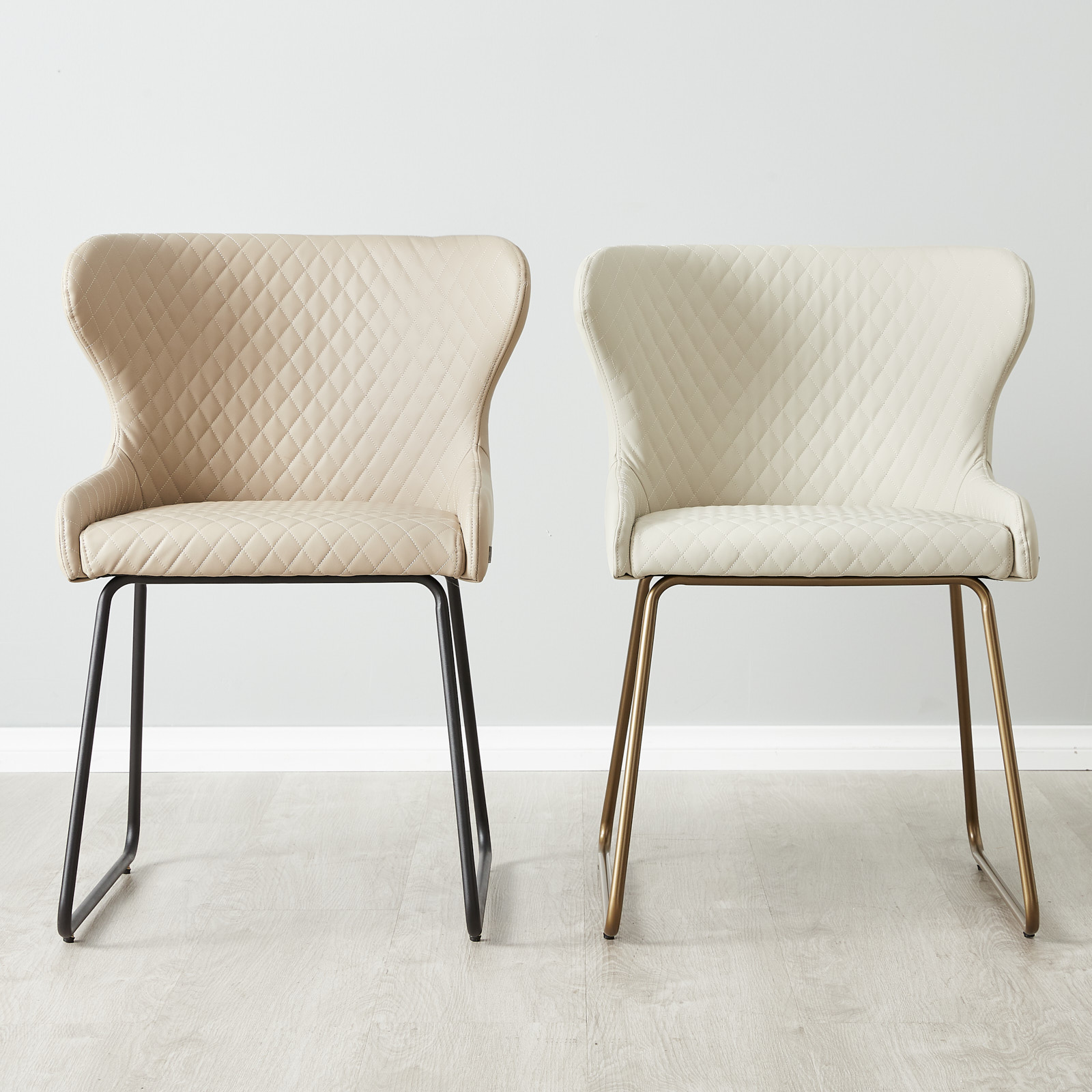 Quinn Cloud Grey Vegan Leather Dining Chair - Brass Colour Legs