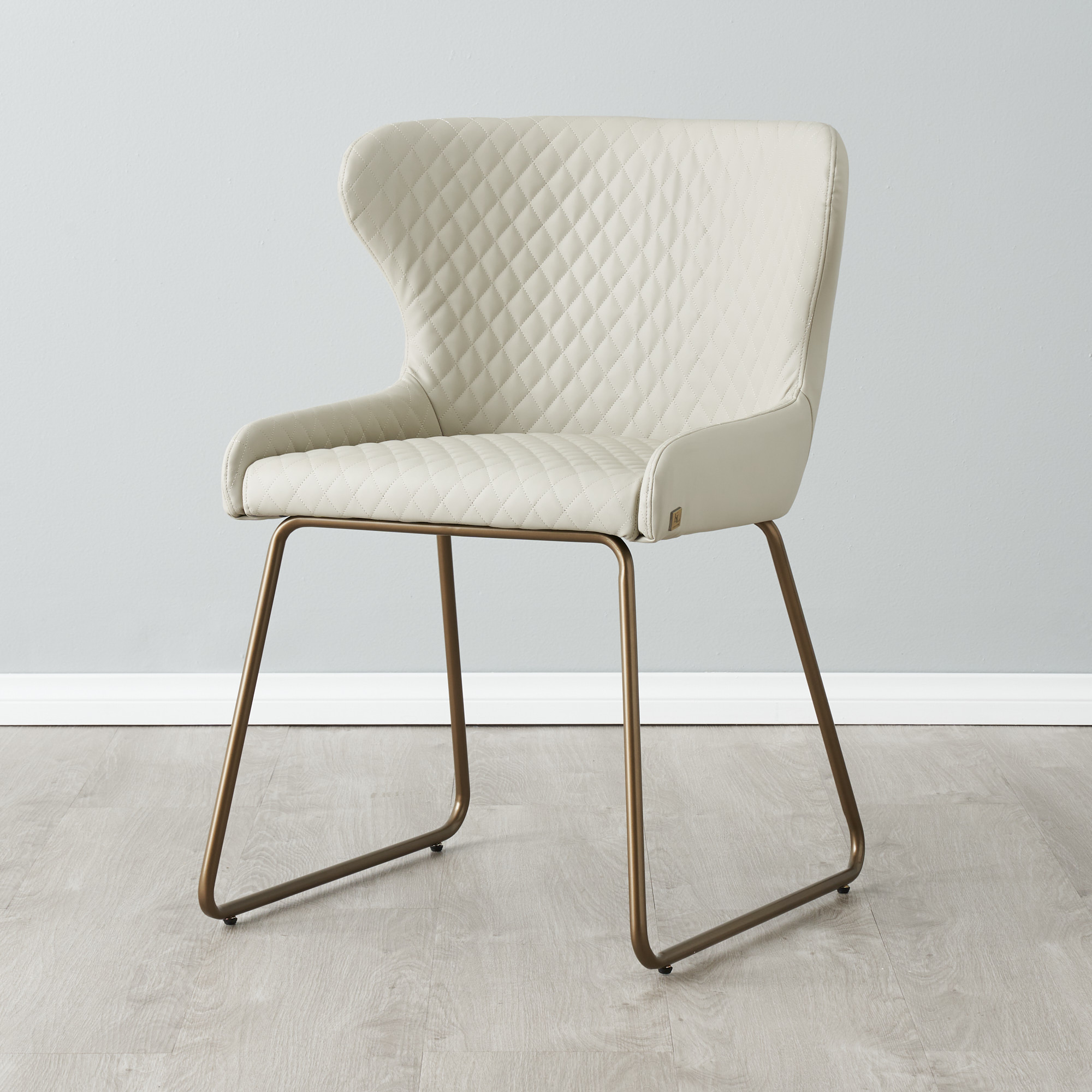 Quinn Cloud Grey Vegan Leather Dining Chair - Brass Colour Legs