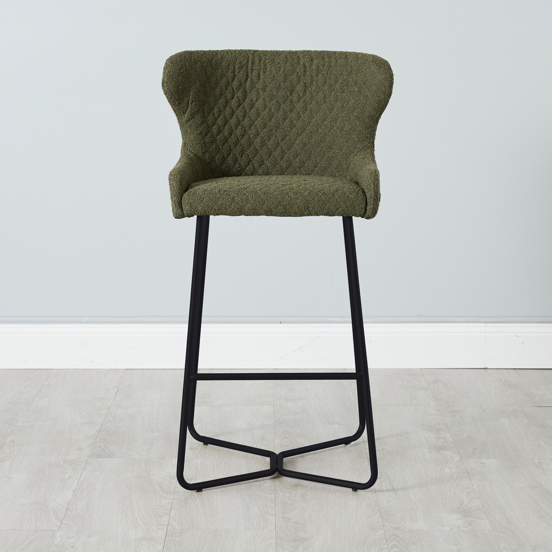 Quinn Olive Green Boucle Bar Stool - Black Legs