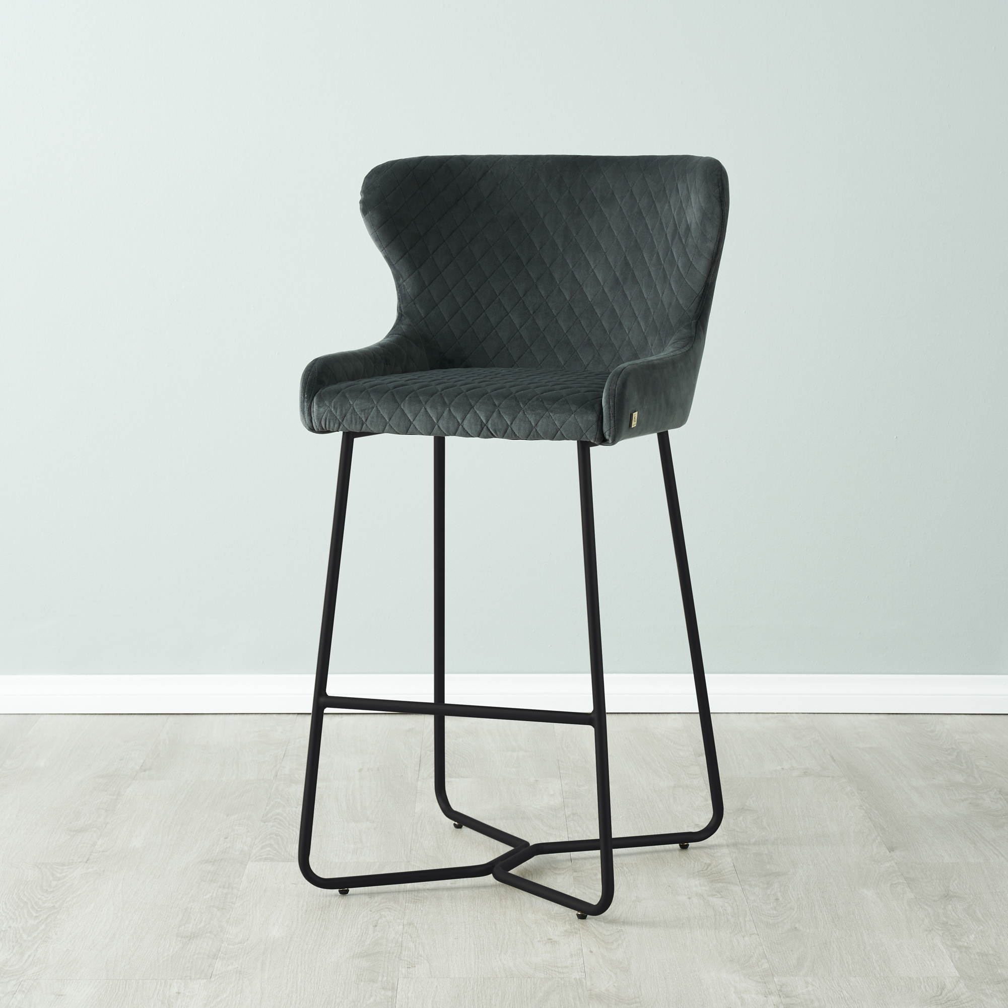 Quinn Charcoal Velvet Bar Stool - Black Legs