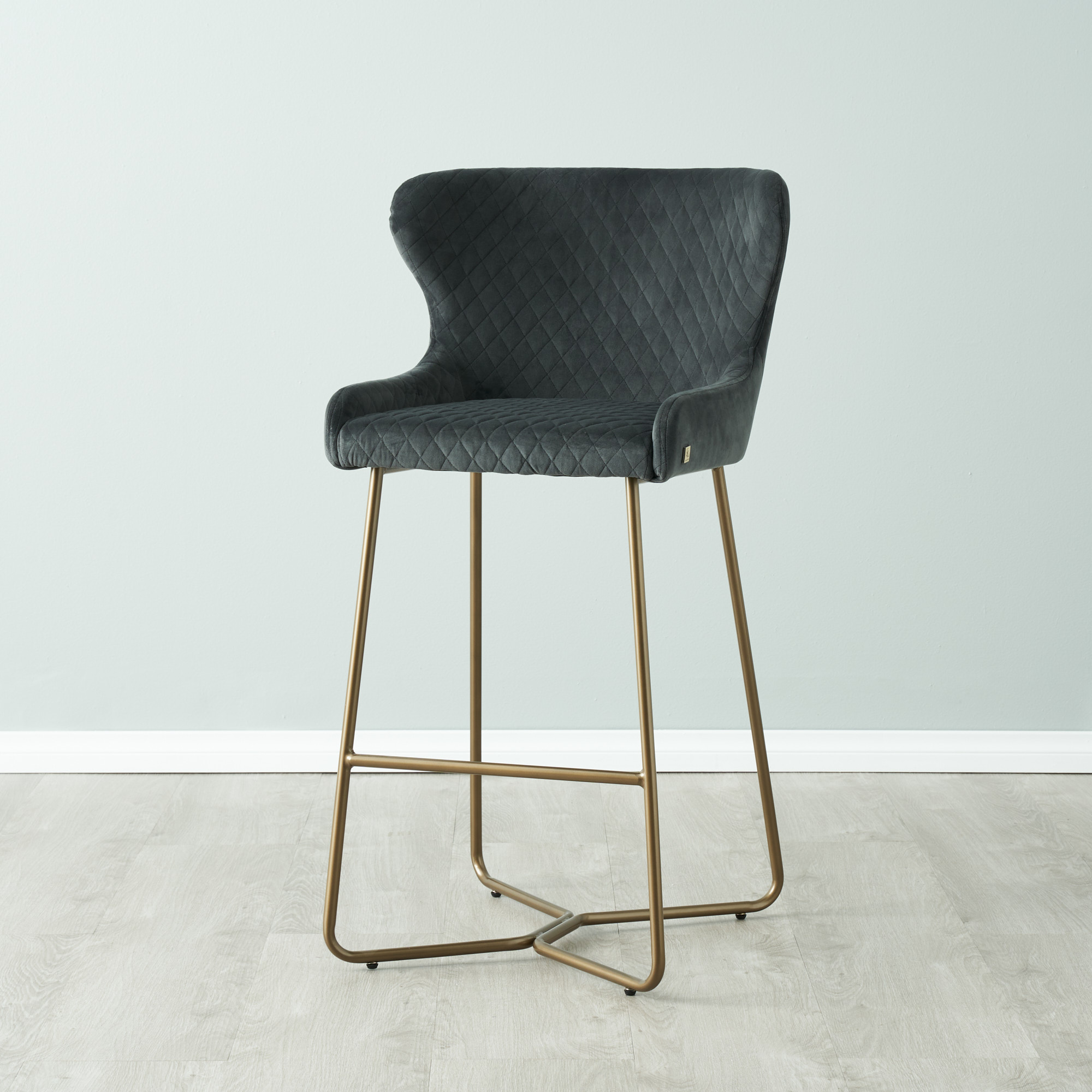 Quinn Charcoal Velvet Bar Stool - Brass Colour Legs